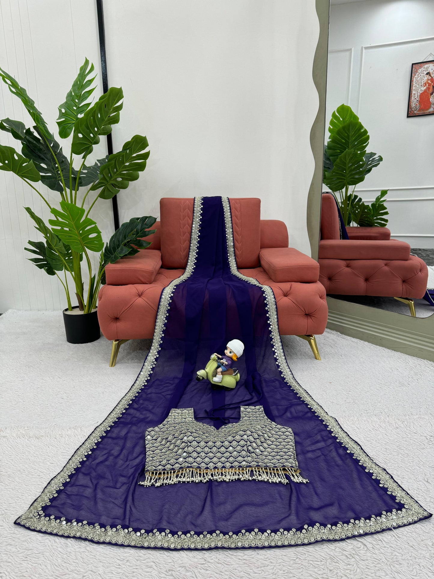 Dark Blue Heavy Georgette With Embroidery Saree