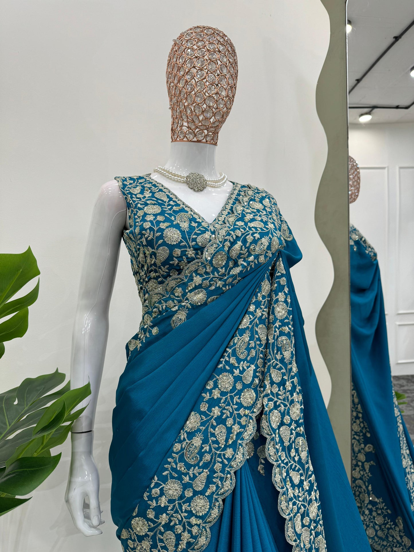Blue Heavy Chinon Thread & Sequence Work Saree