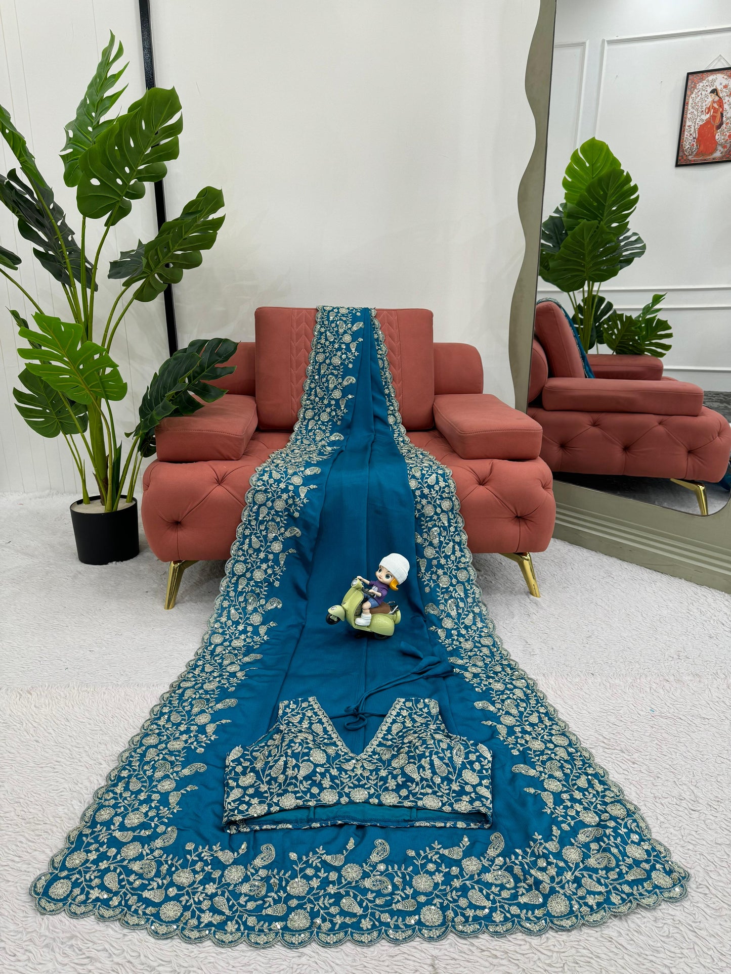 Blue Heavy Chinon Thread & Sequence Work Saree