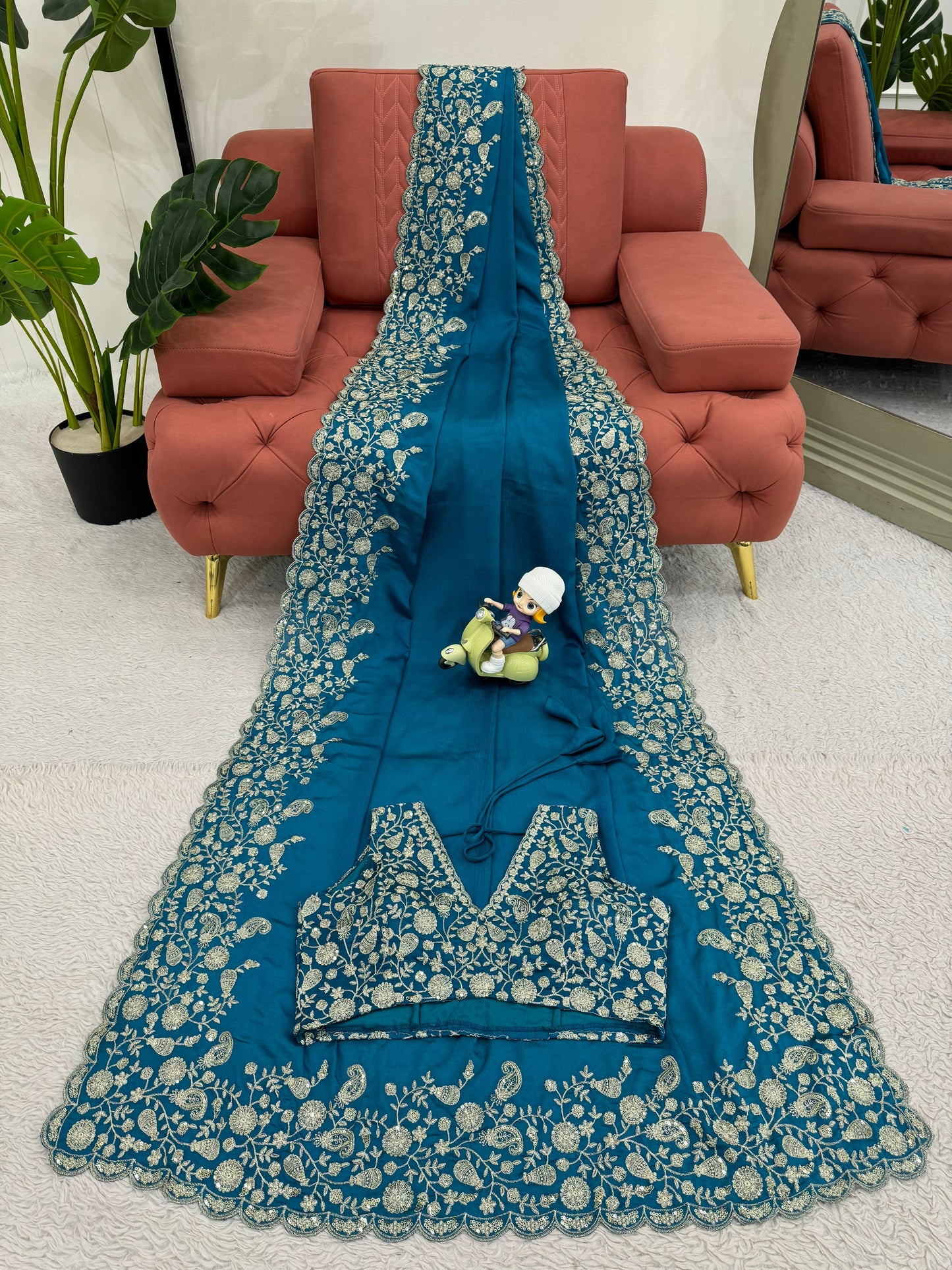 Blue Heavy Chinon Thread & Sequence Work Saree