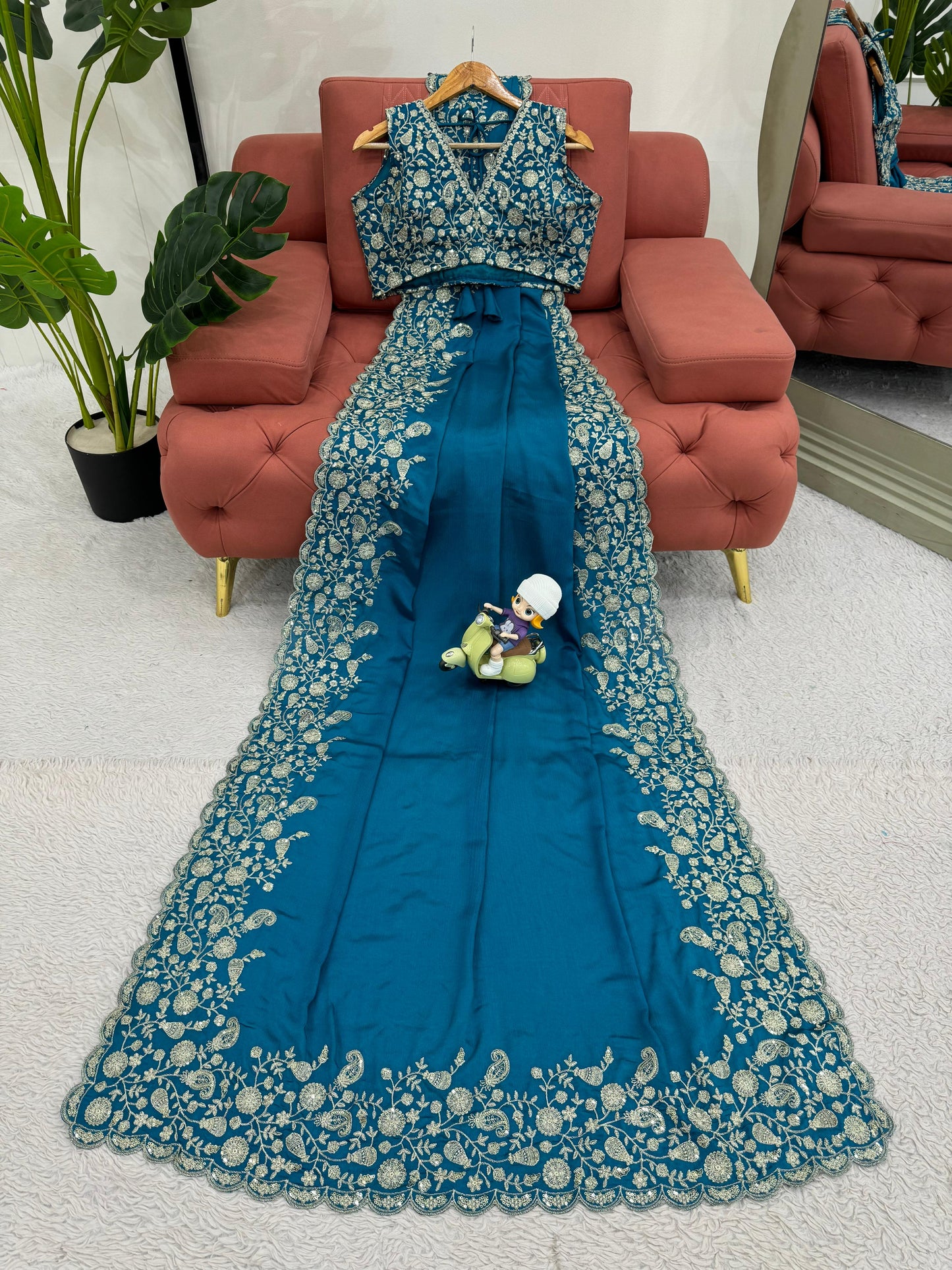 Blue Heavy Chinon Thread & Sequence Work Saree