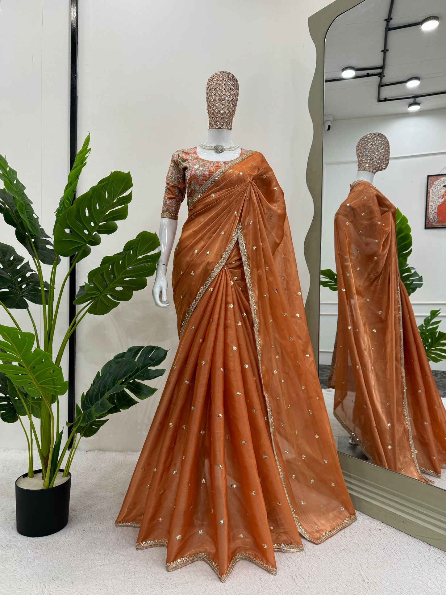 Orange Jimmy Chu Sequins Work Saree