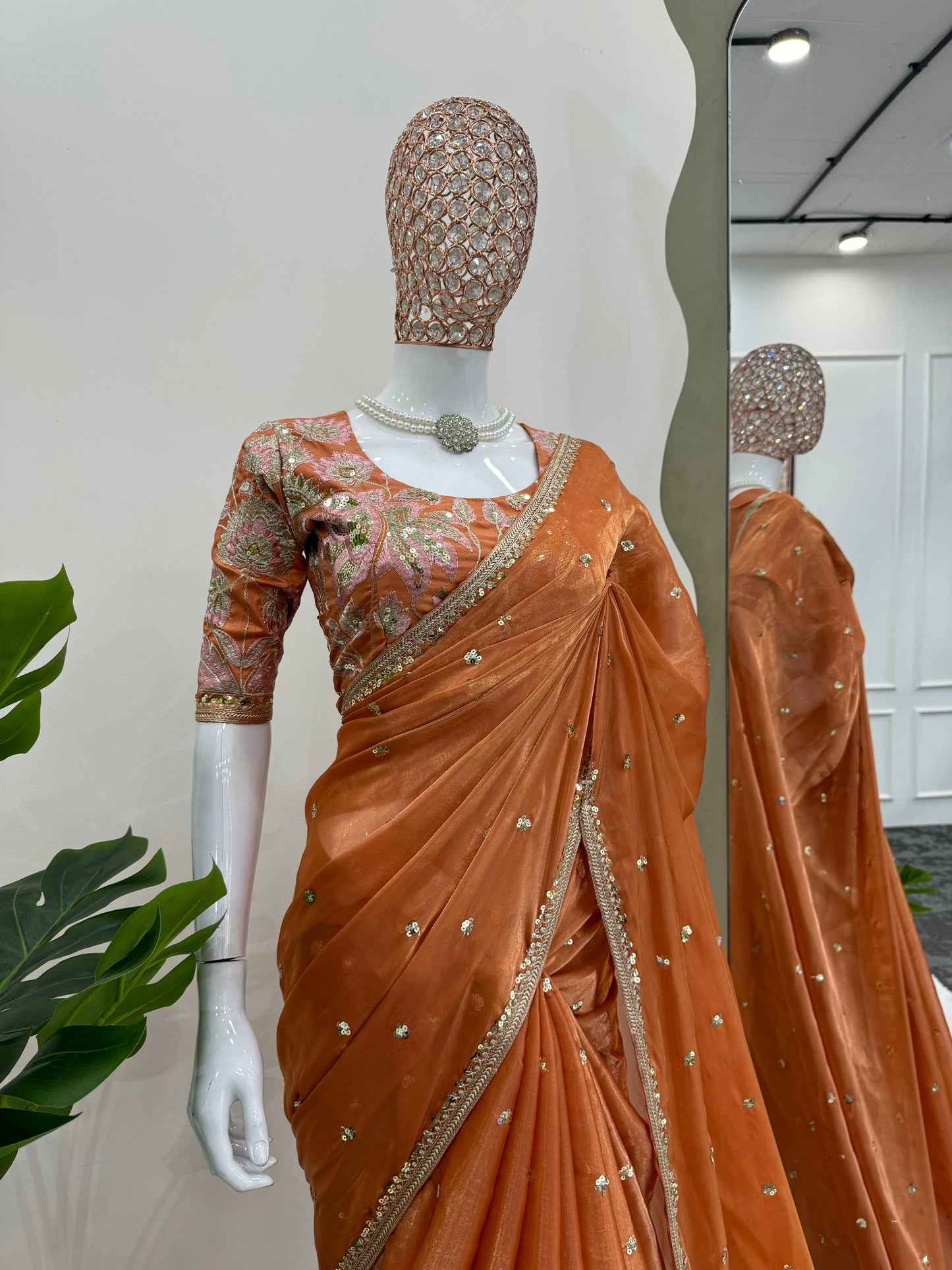 Orange Jimmy Chu Sequins Work Saree