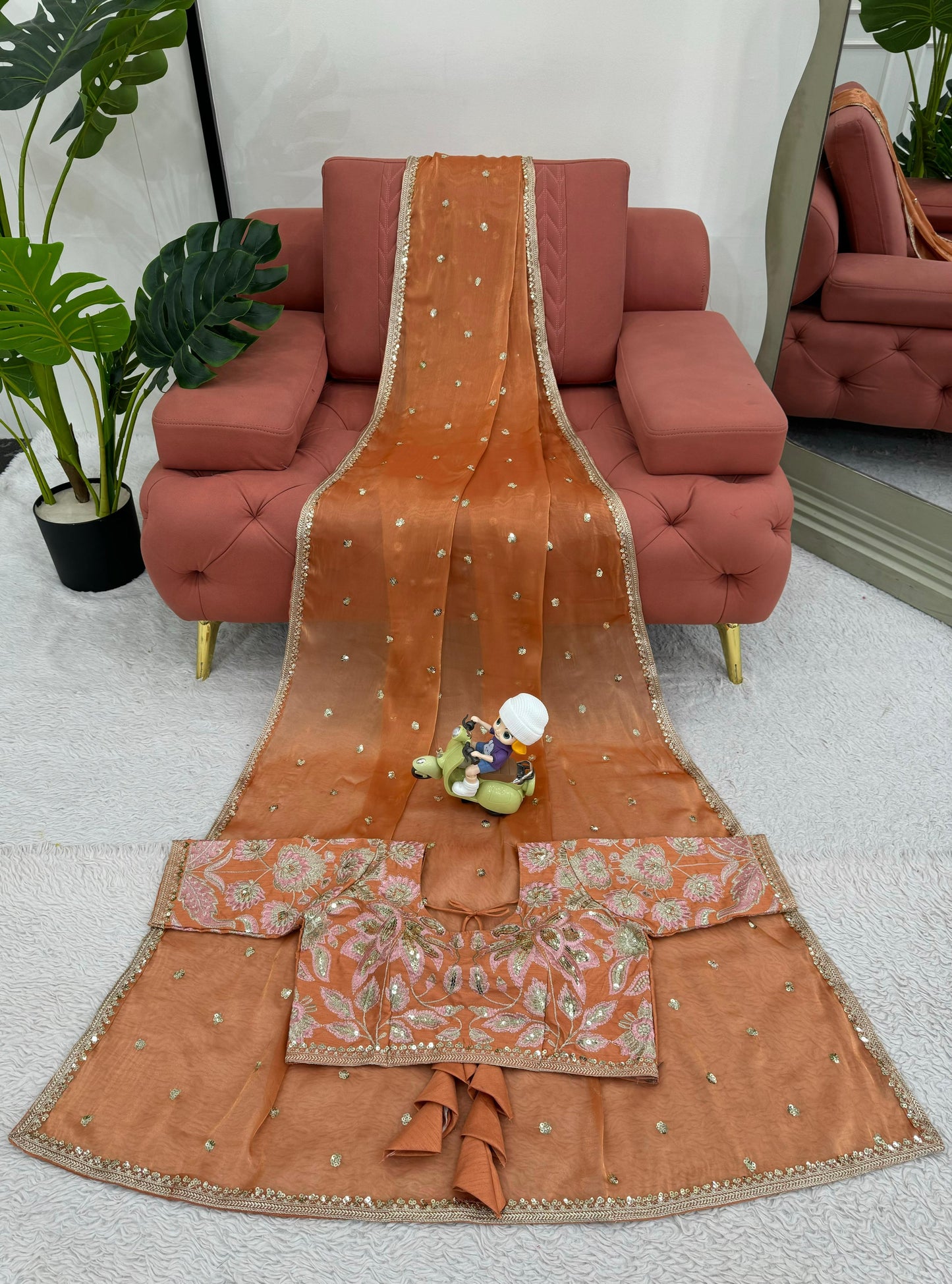 Orange Jimmy Chu Sequins Work Saree