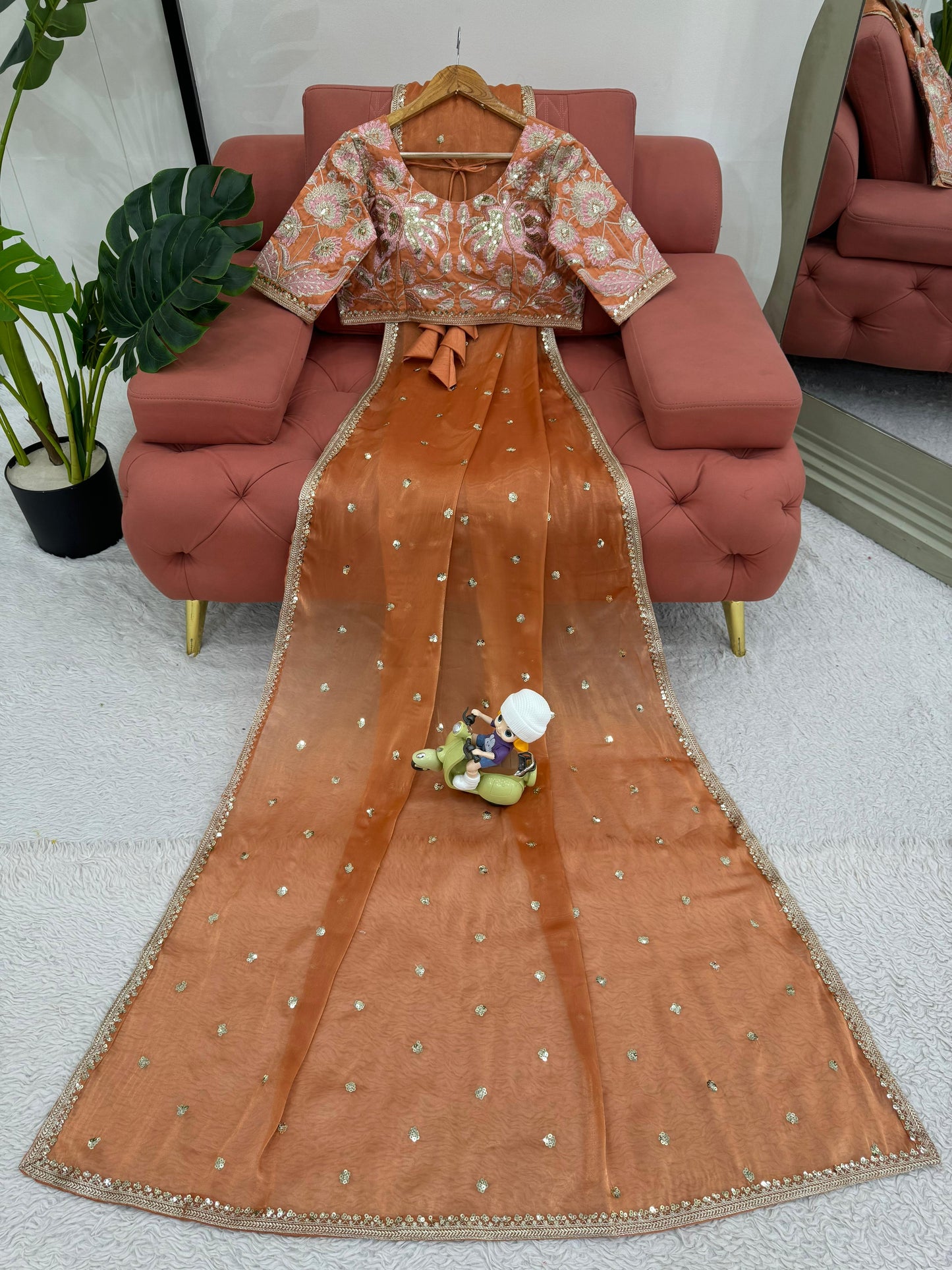 Orange Jimmy Chu Sequins Work Saree