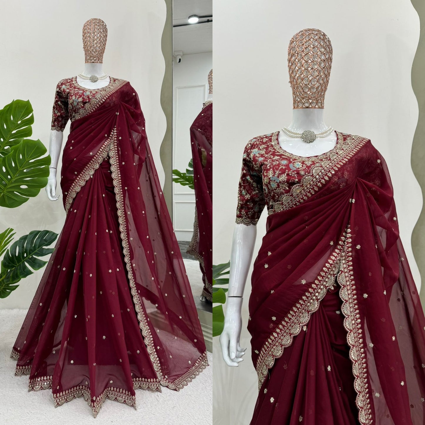 Maroon  Heavy Tibby Silk Sequins Embroidery Saree