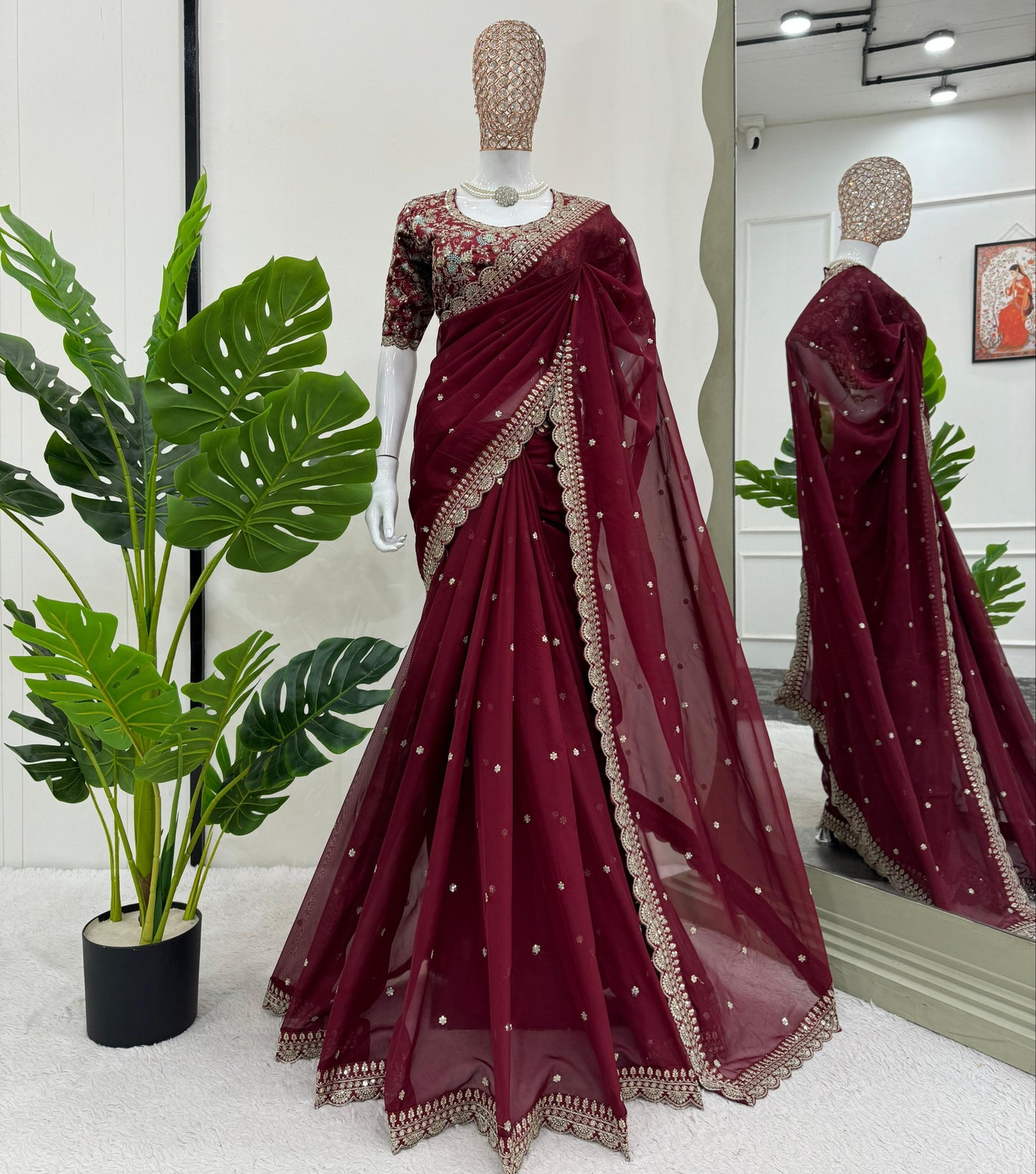 Maroon  Heavy Tibby Silk Sequins Embroidery Saree