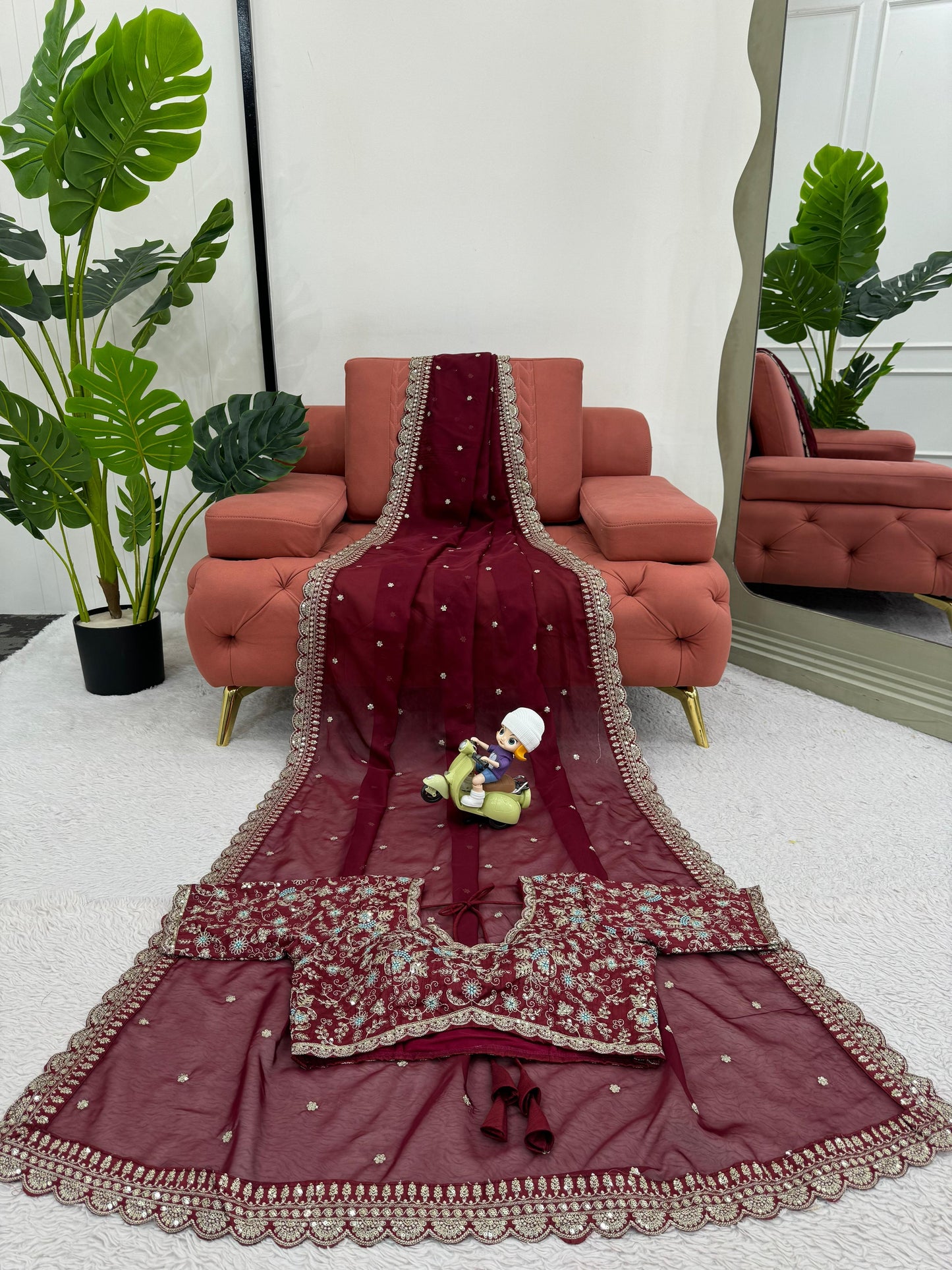 Maroon  Heavy Tibby Silk Sequins Embroidery Saree