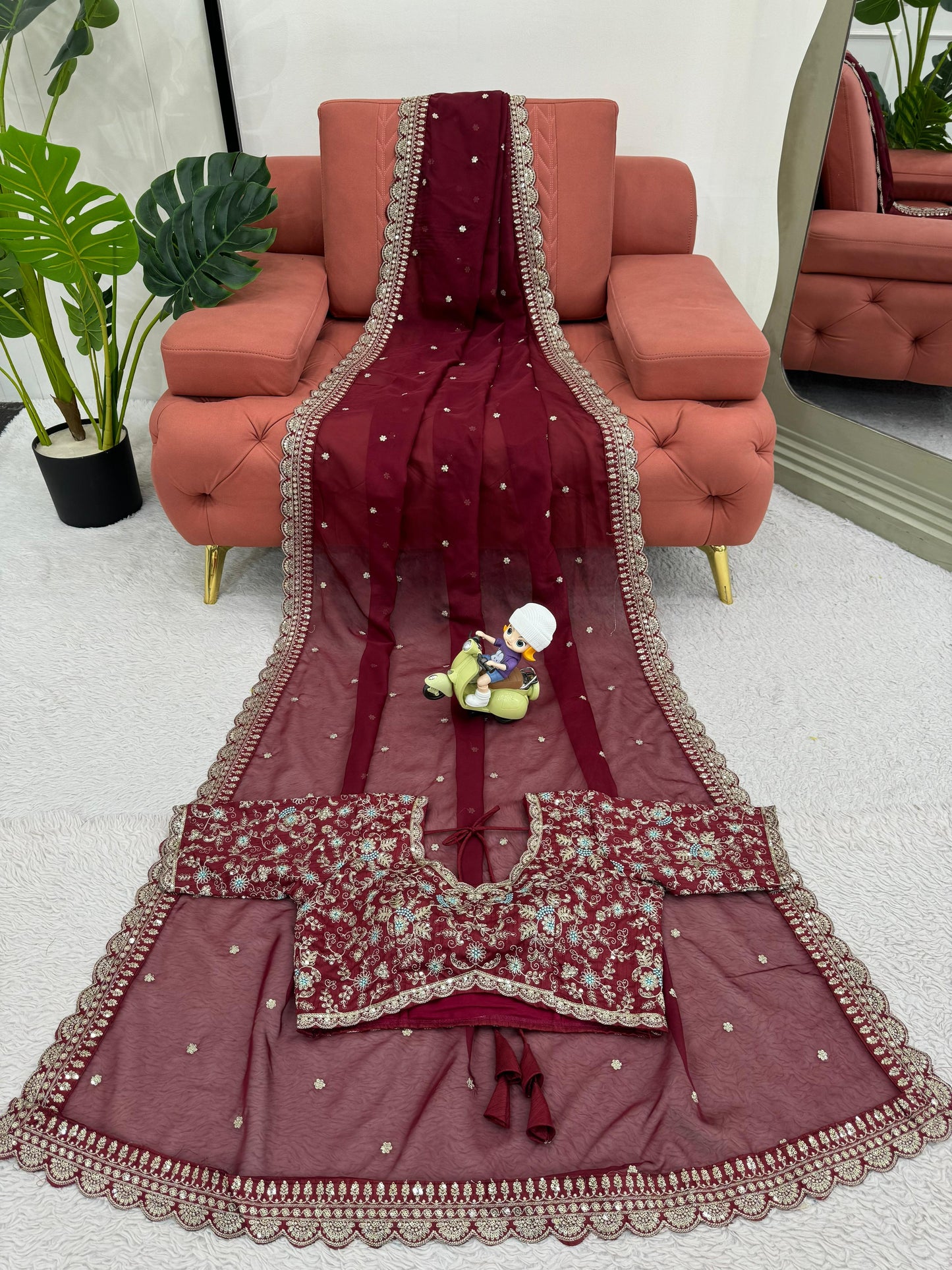 Maroon  Heavy Tibby Silk Sequins Embroidery Saree