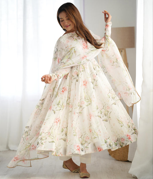 White Heavy Pure Soft Organza Silk With Print 3pc Kurta Set