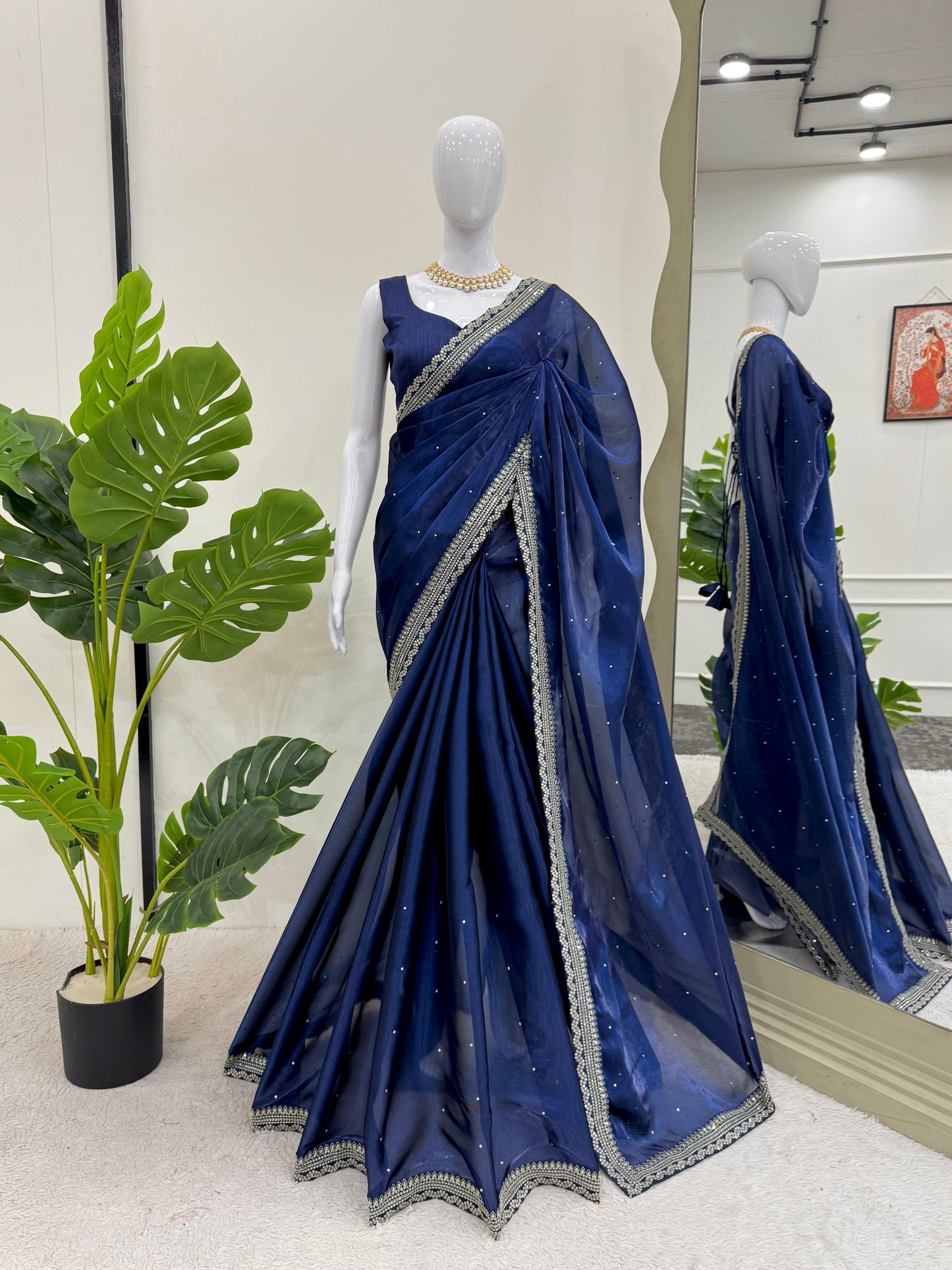 Navy Blue Heavy Organza Silk With LCD Diamonds Saree
