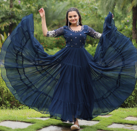 Navy Blue Faux Blooming Sequins Work Gown