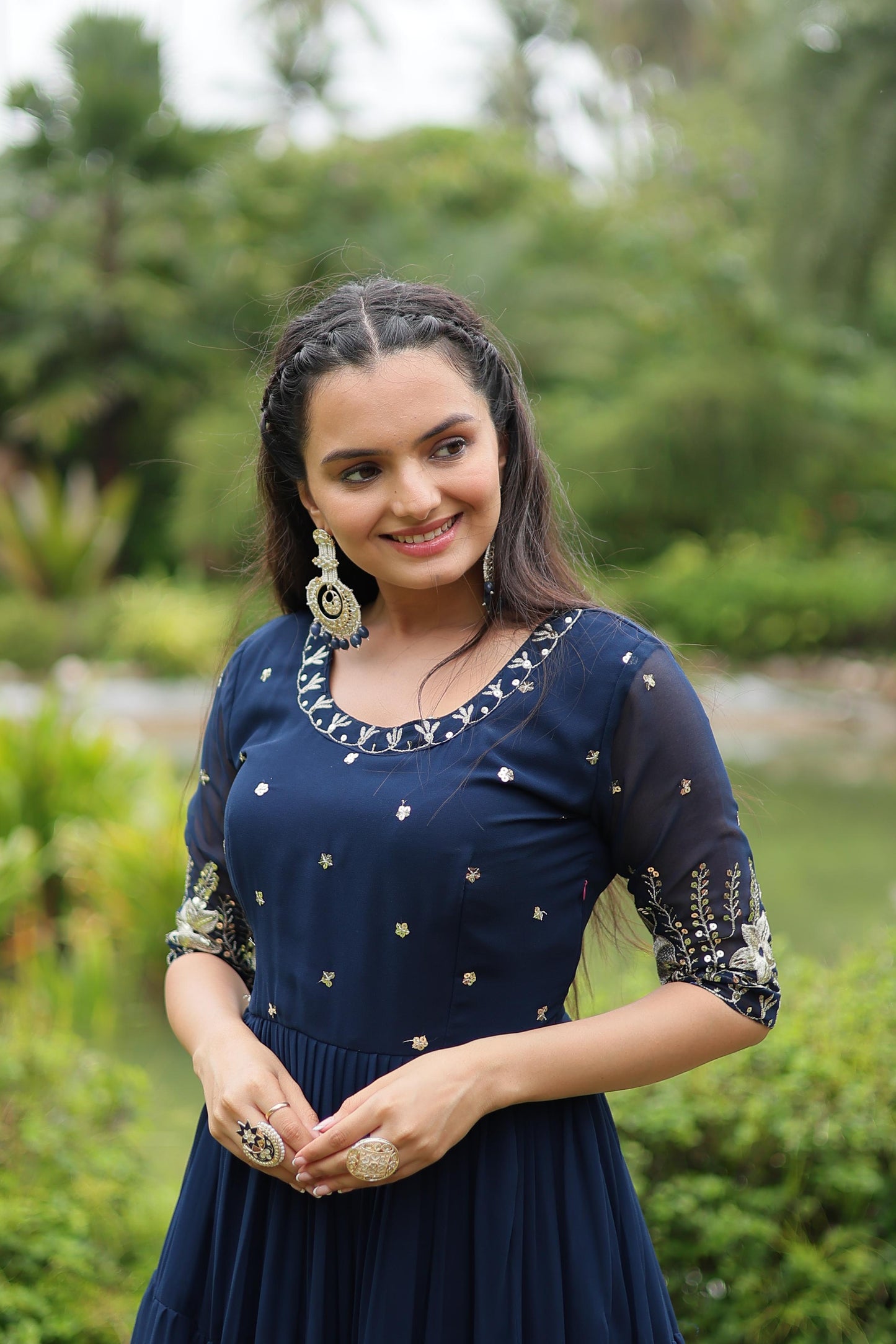 Navy Blue Faux Blooming Sequins Work Gown