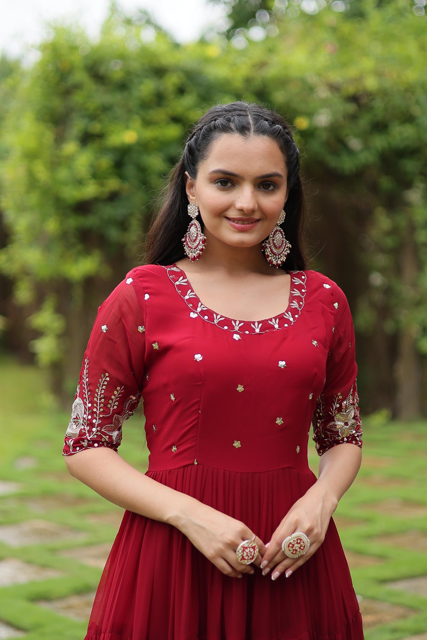 Red Faux Blooming Sequins Work Gown