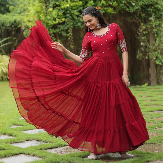 Red Faux Blooming Sequins Work Gown