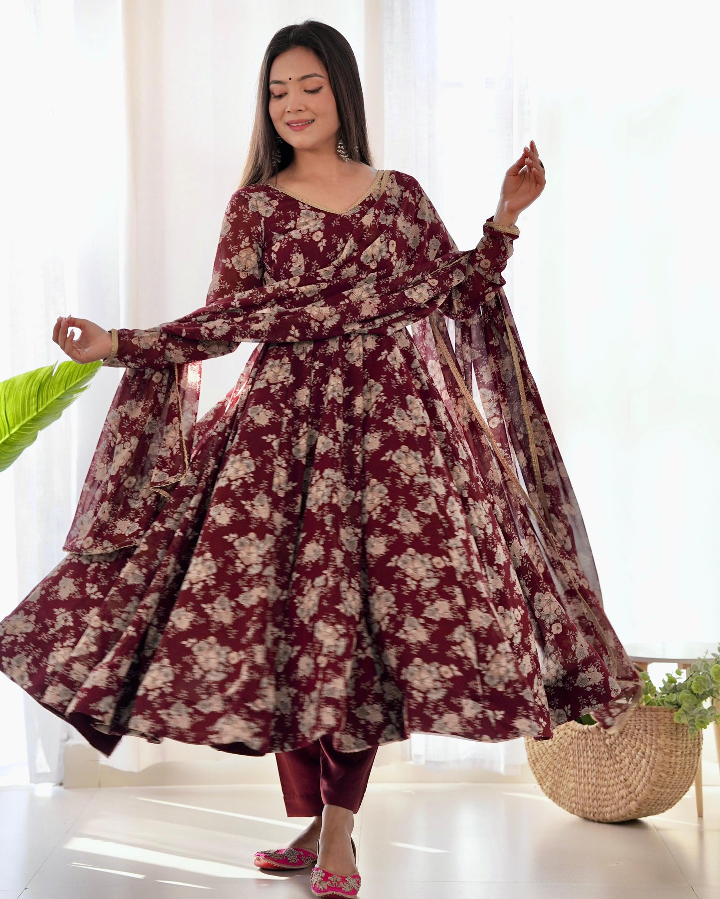 Dark Maroon Floral Print Pure Micro Cotton Anarkali 3pc Kurta Set