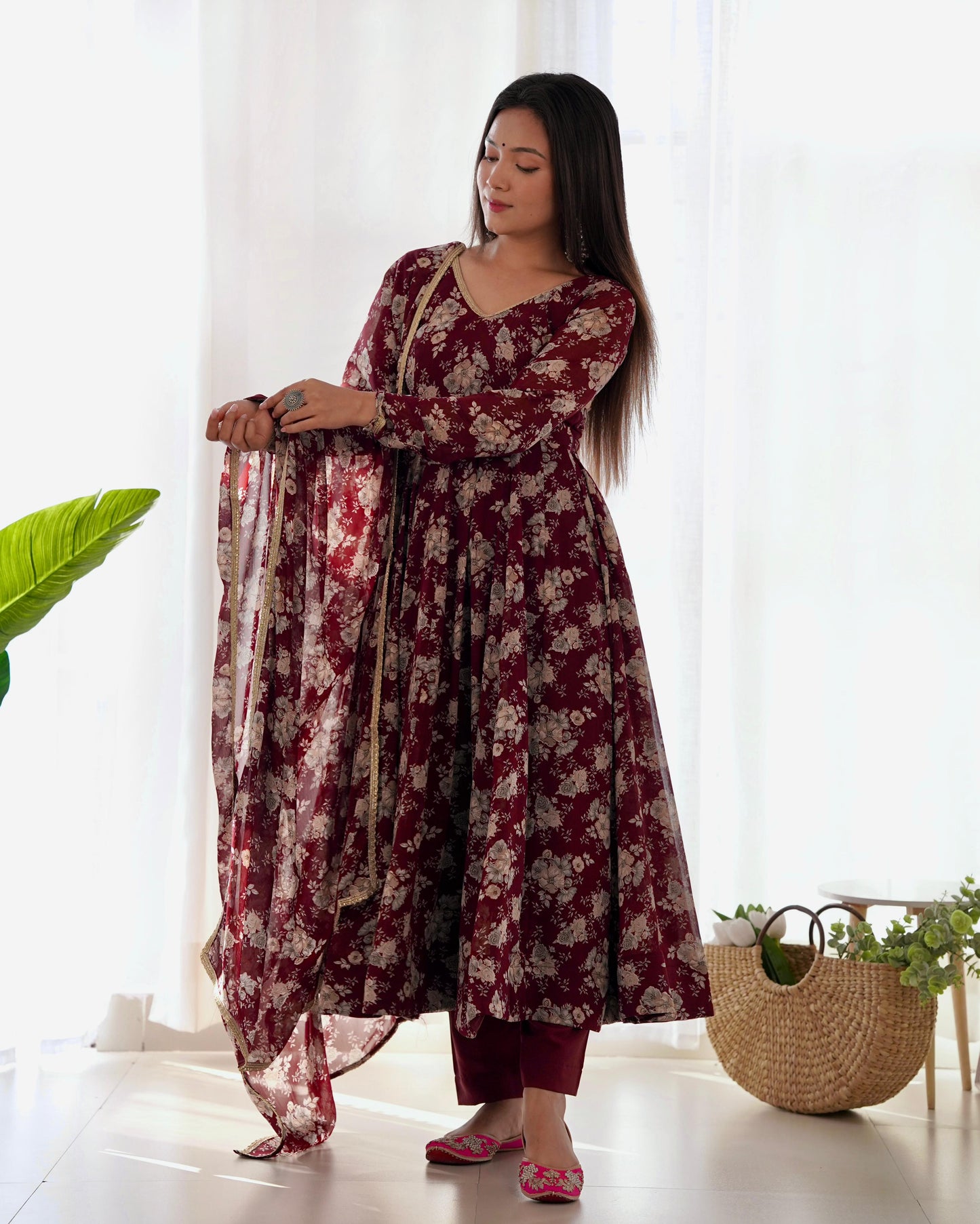 Dark Maroon Floral Print Pure Micro Cotton Anarkali 3pc Kurta Set