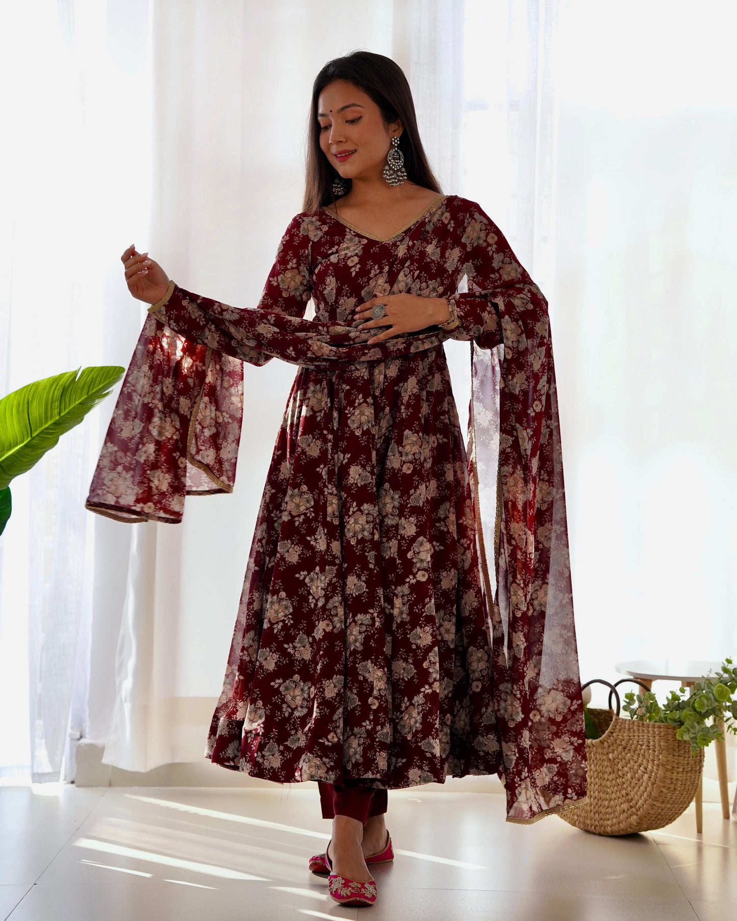 Dark Maroon Floral Print Pure Micro Cotton Anarkali 3pc Kurta Set