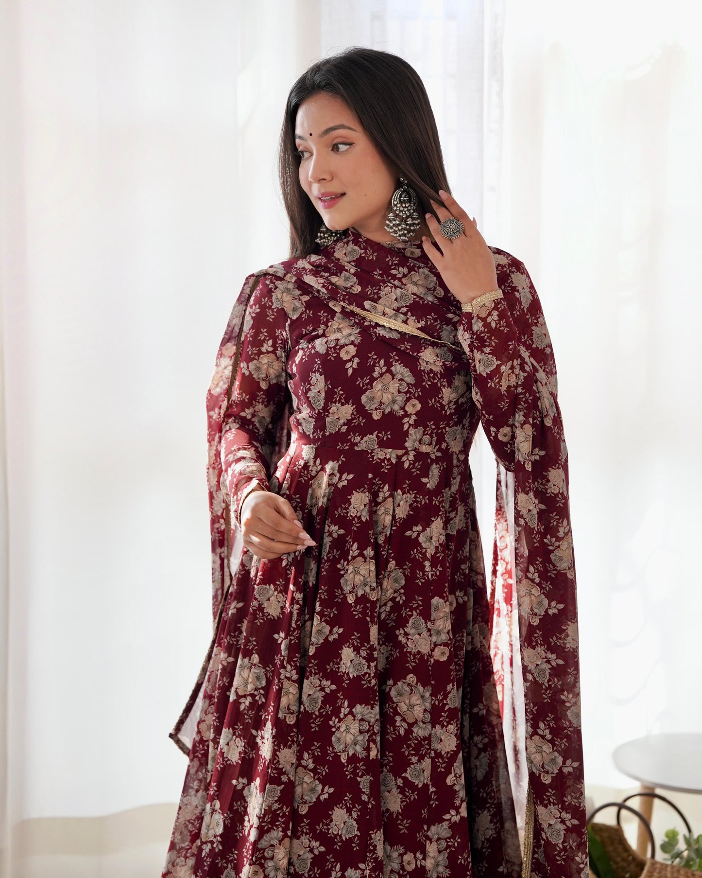 Dark Maroon Floral Print Pure Micro Cotton Anarkali 3pc Kurta Set
