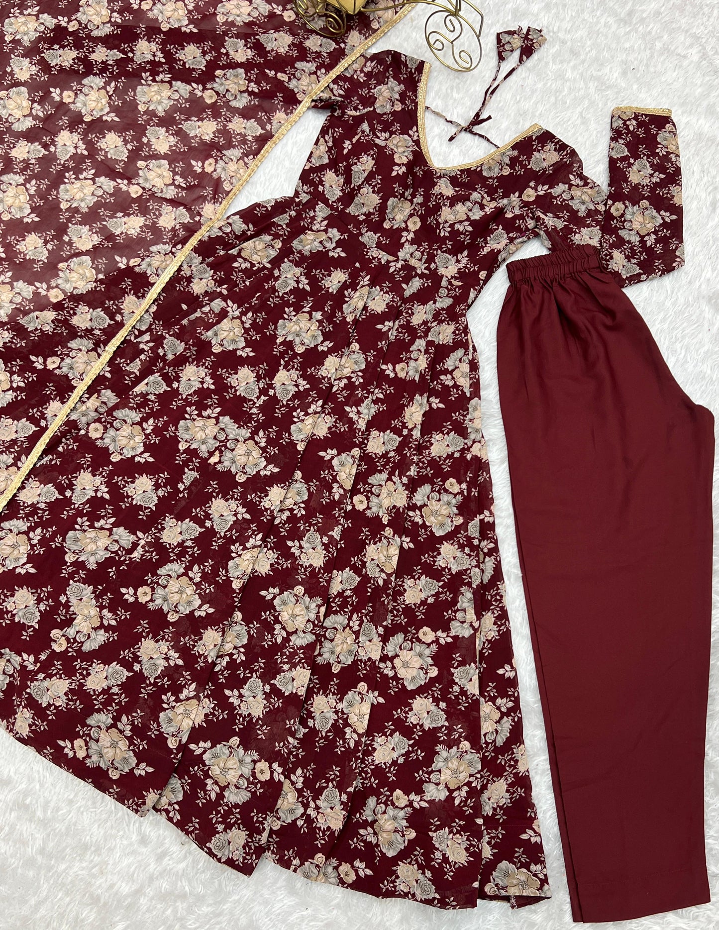 Dark Maroon Floral Print Pure Micro Cotton Anarkali 3pc Kurta Set
