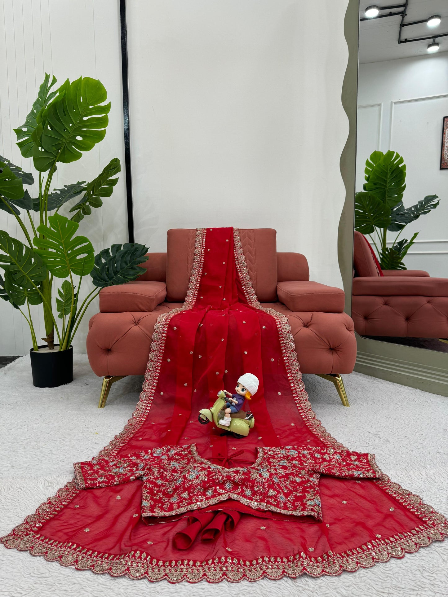 Red Heavy Tibby Silk Sequins Embroidery Saree