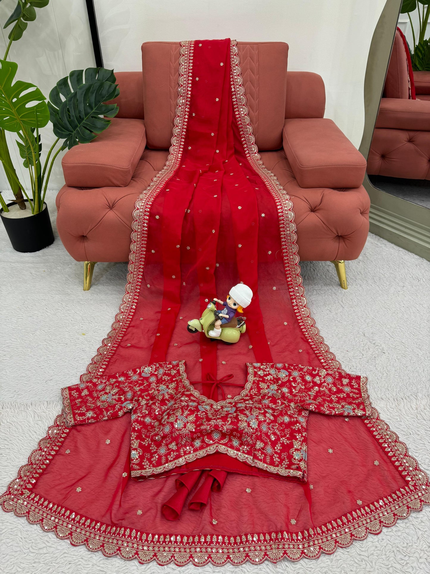 Red Heavy Tibby Silk Sequins Embroidery Saree