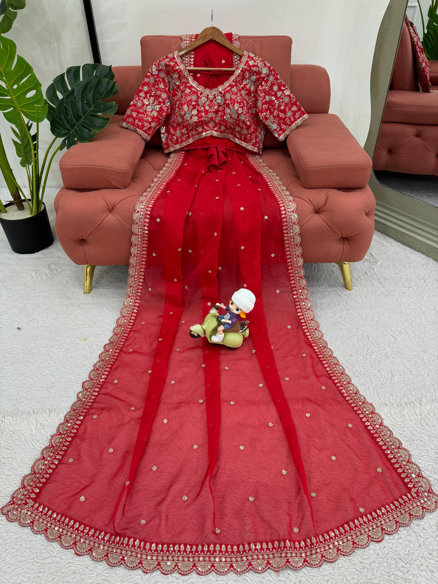 Red Heavy Tibby Silk Sequins Embroidery Saree