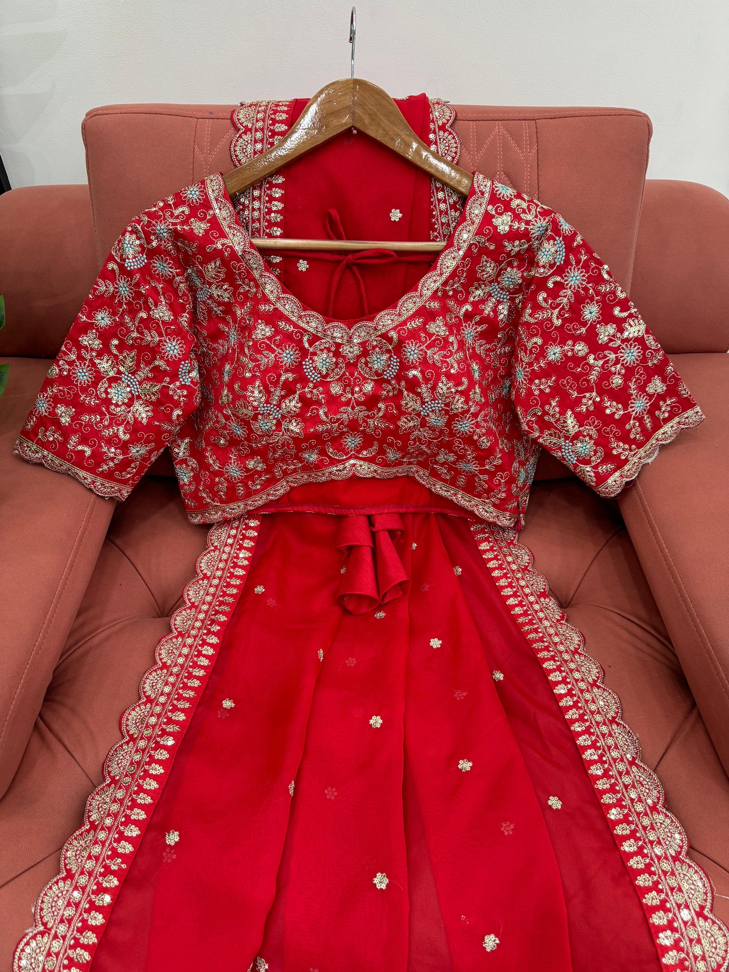 Red Heavy Tibby Silk Sequins Embroidery Saree