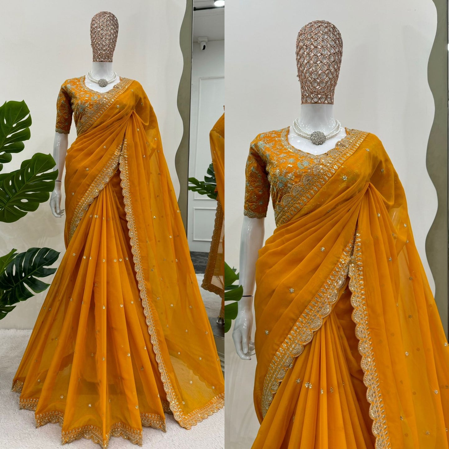Mustard Heavy Tibby Silk Sequins Embroidery Saree
