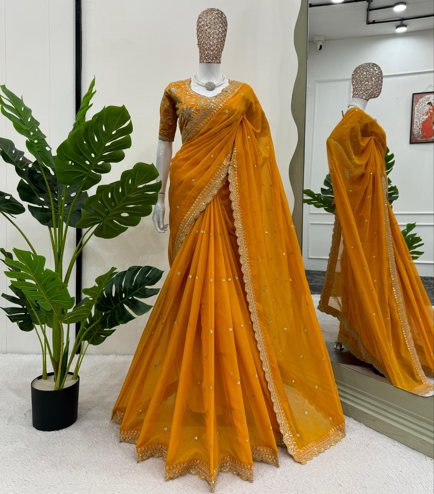 Mustard Heavy Tibby Silk Sequins Embroidery Saree