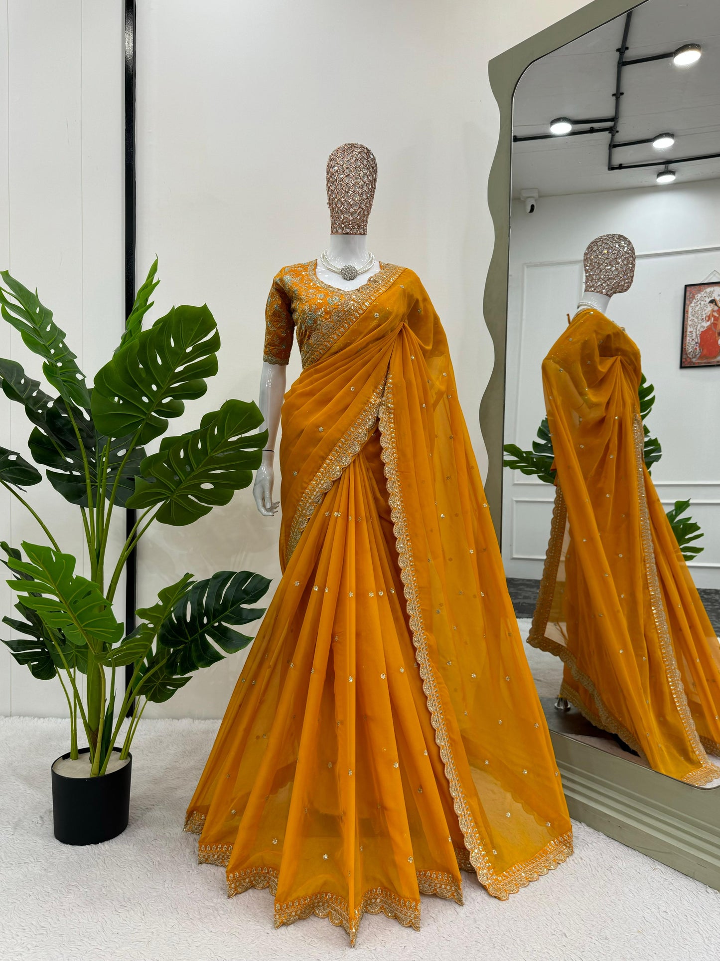 Mustard Heavy Tibby Silk Sequins Embroidery Saree