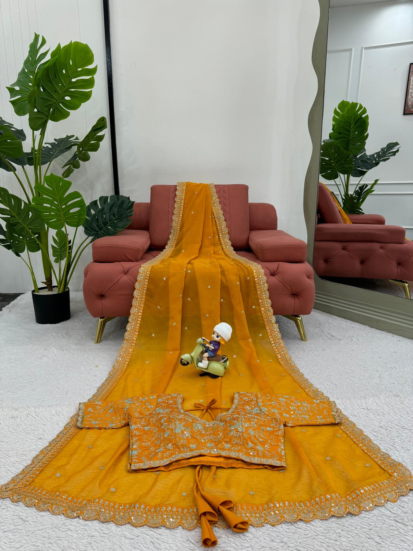 Mustard Heavy Tibby Silk Sequins Embroidery Saree