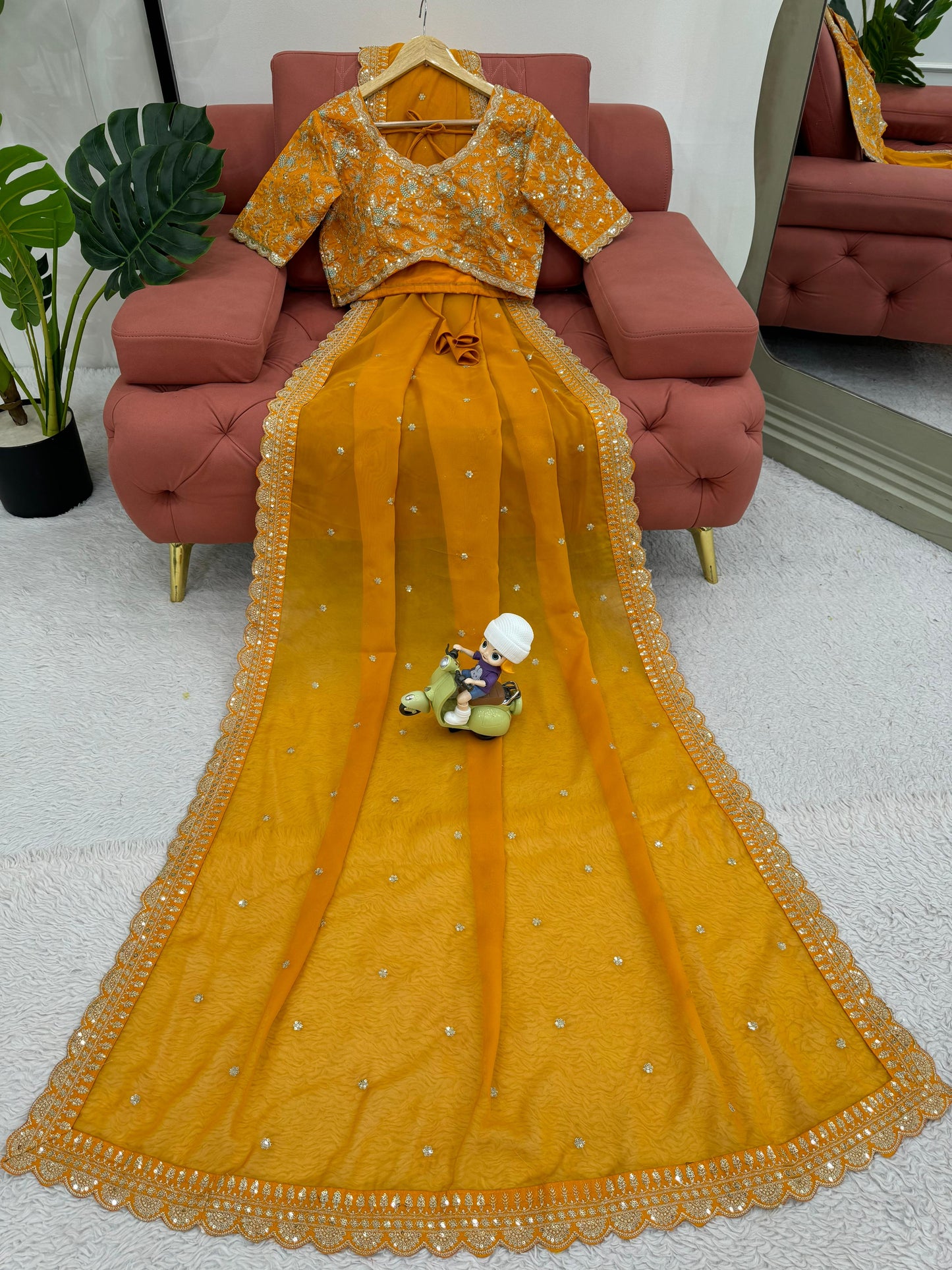 Mustard Heavy Tibby Silk Sequins Embroidery Saree