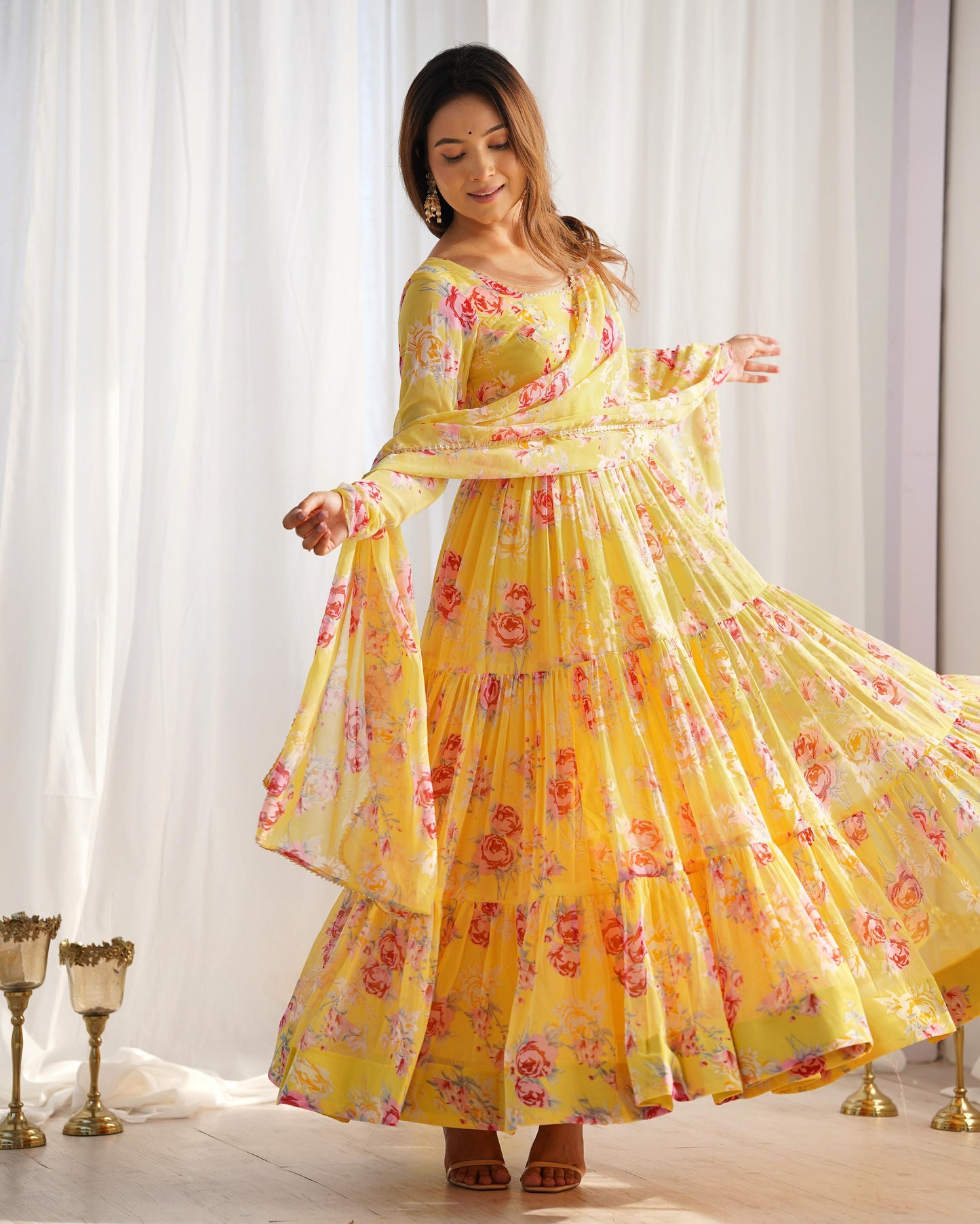 Yellow Color Georgette Floral Print Anarkali 3pc Kurta Set