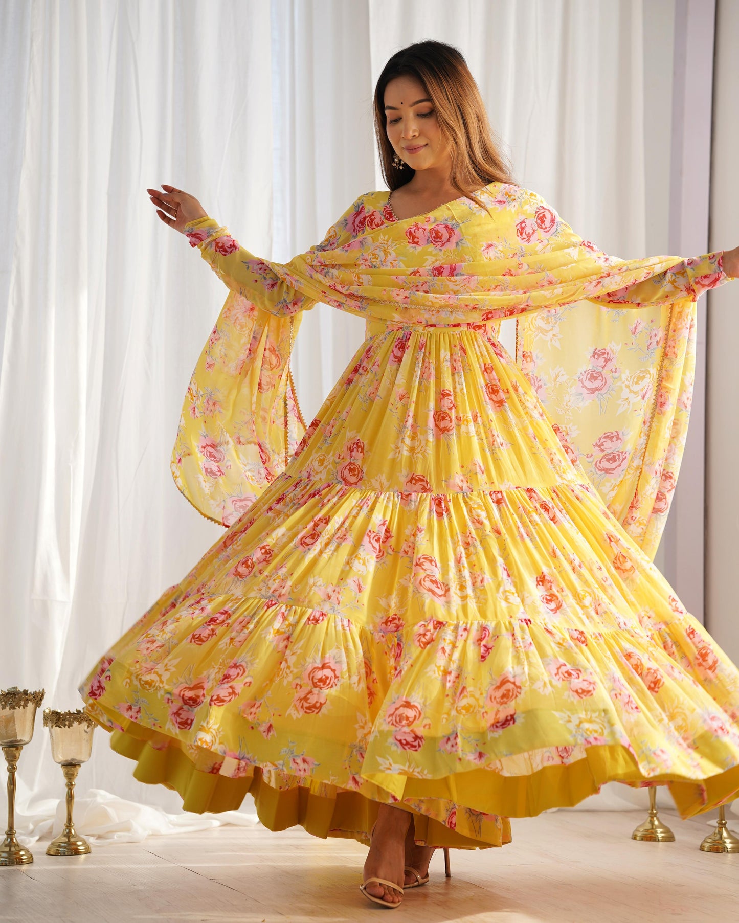 Yellow Color Georgette Floral Print Anarkali 3pc Kurta Set