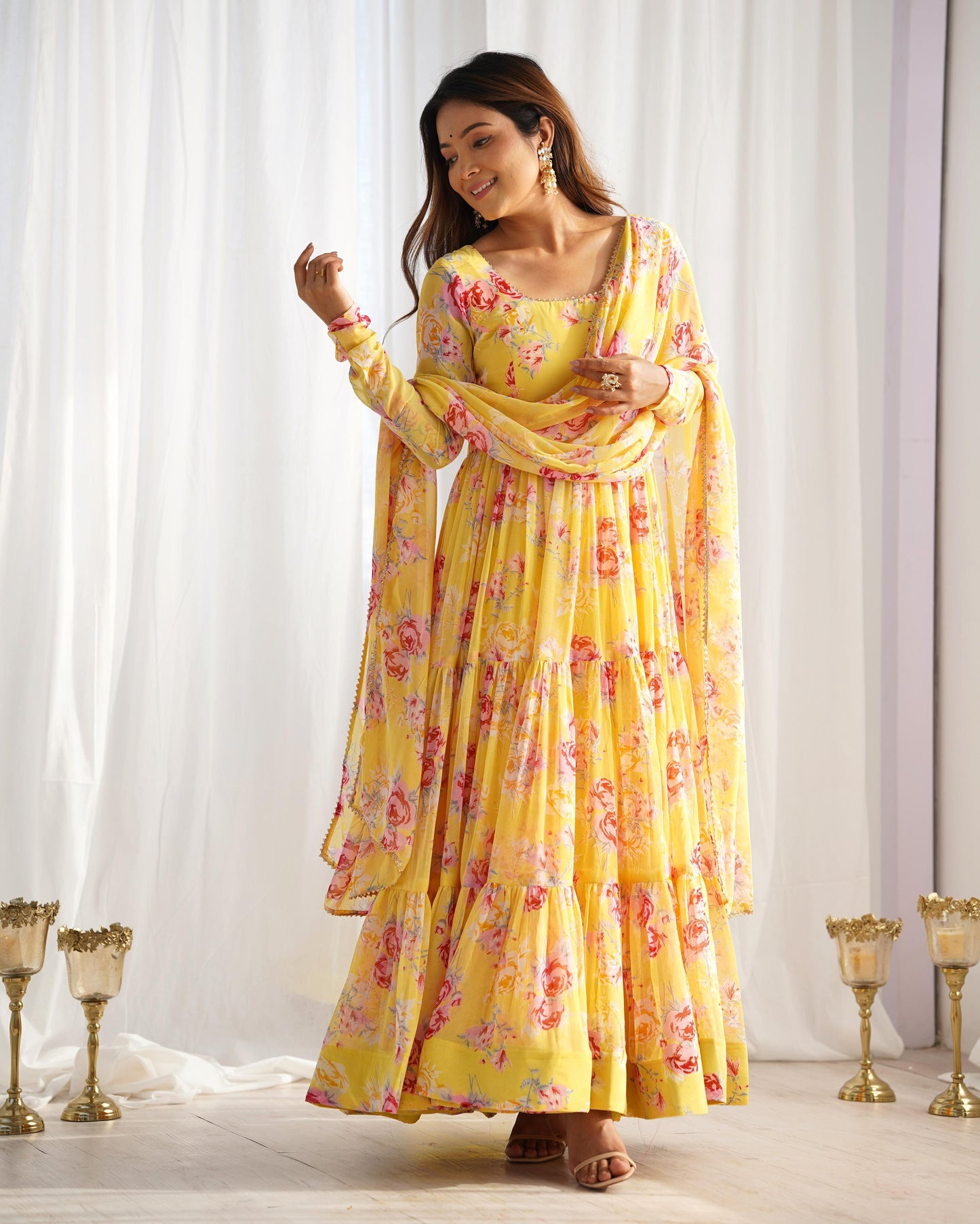 Yellow Color Georgette Floral Print Anarkali 3pc Kurta Set