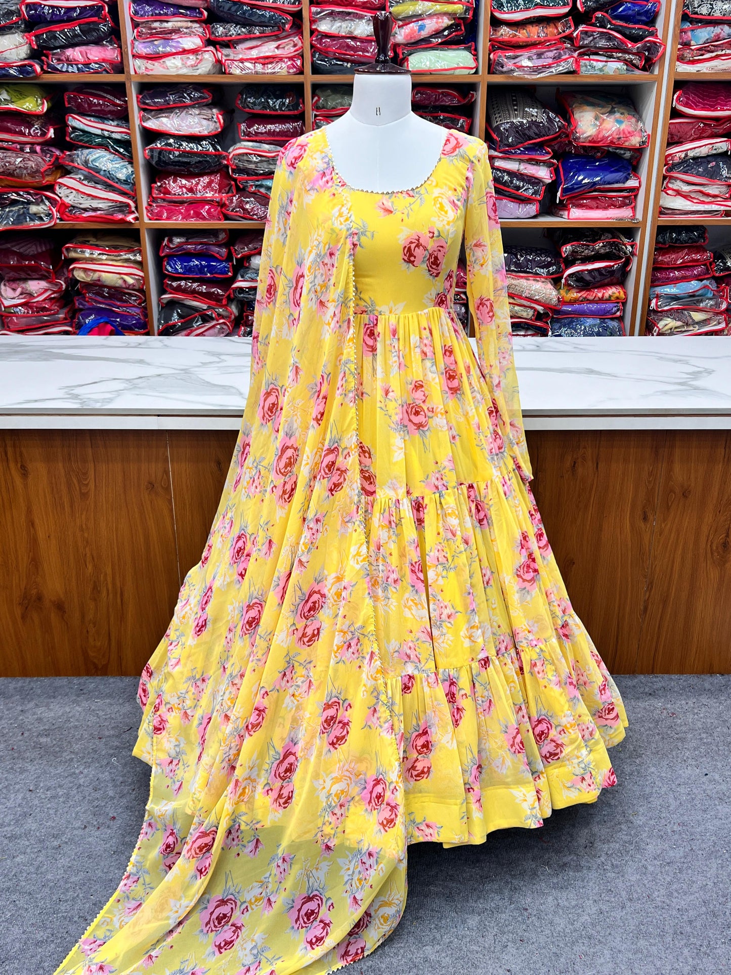 Yellow Color Georgette Floral Print Anarkali 3pc Kurta Set