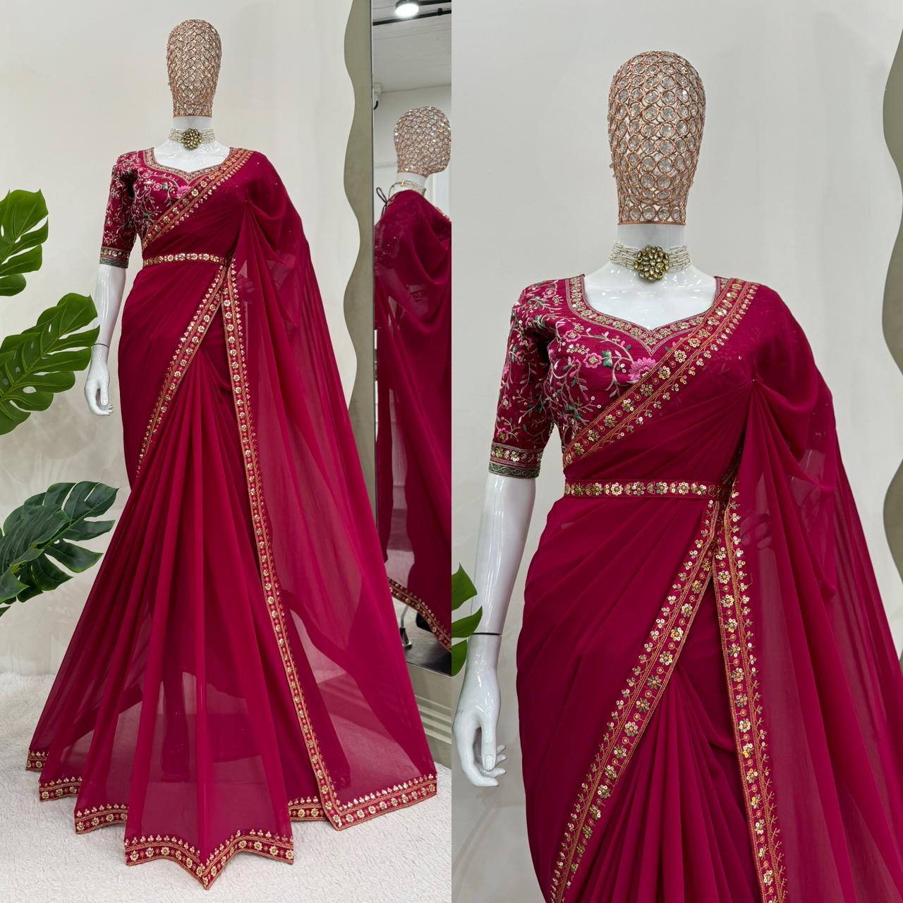 Maroon Faux Georgette Sequence Embroidery Work With Kamar Belt Saree