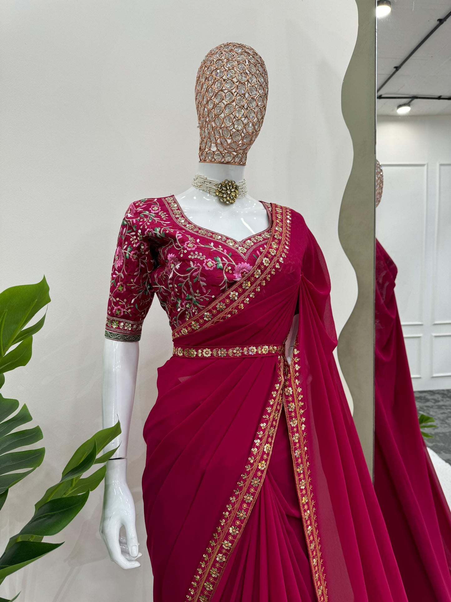 Maroon Faux Georgette Sequence Embroidery Work With Kamar Belt Saree