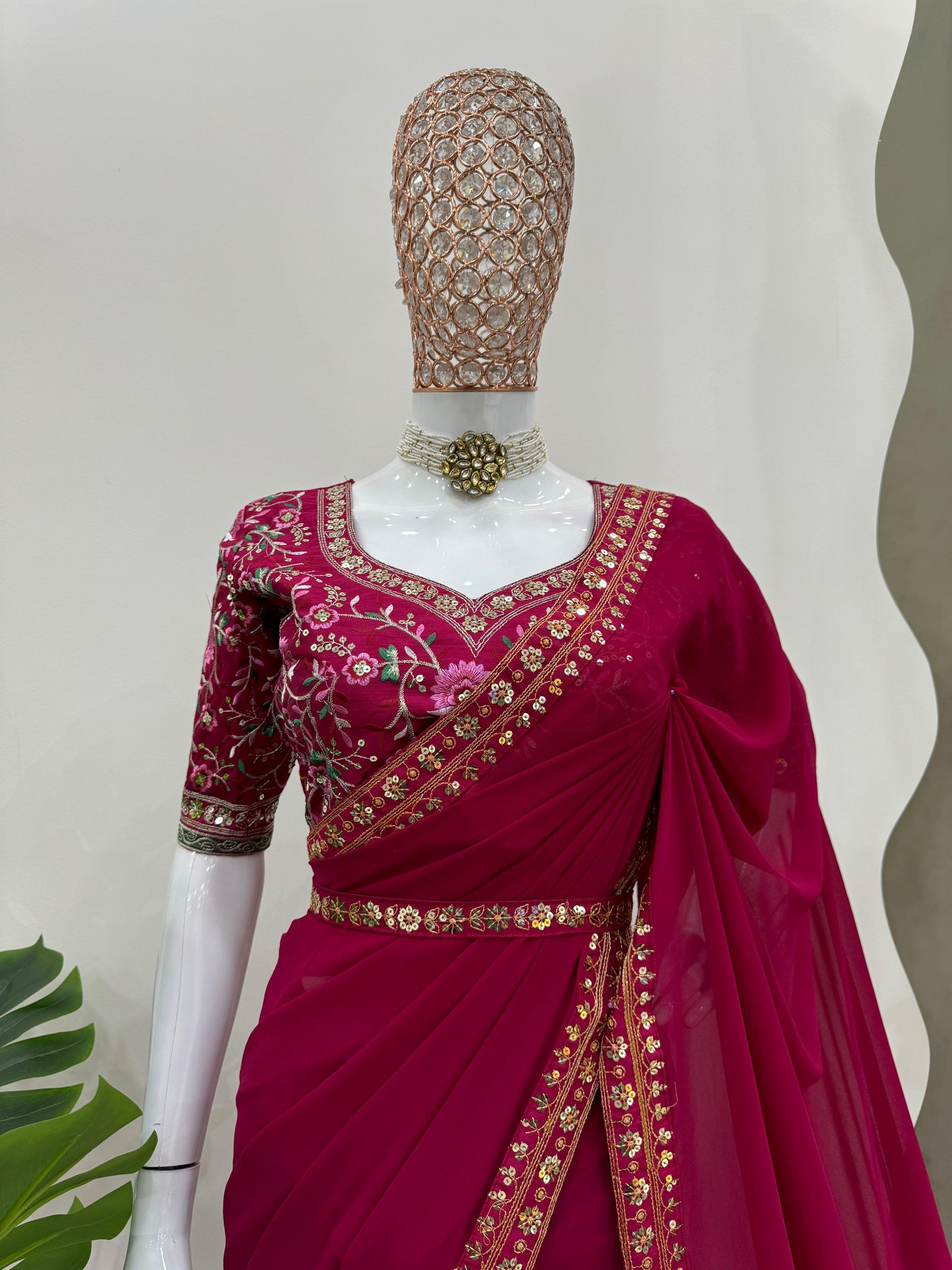 Maroon Faux Georgette Sequence Embroidery Work With Kamar Belt Saree