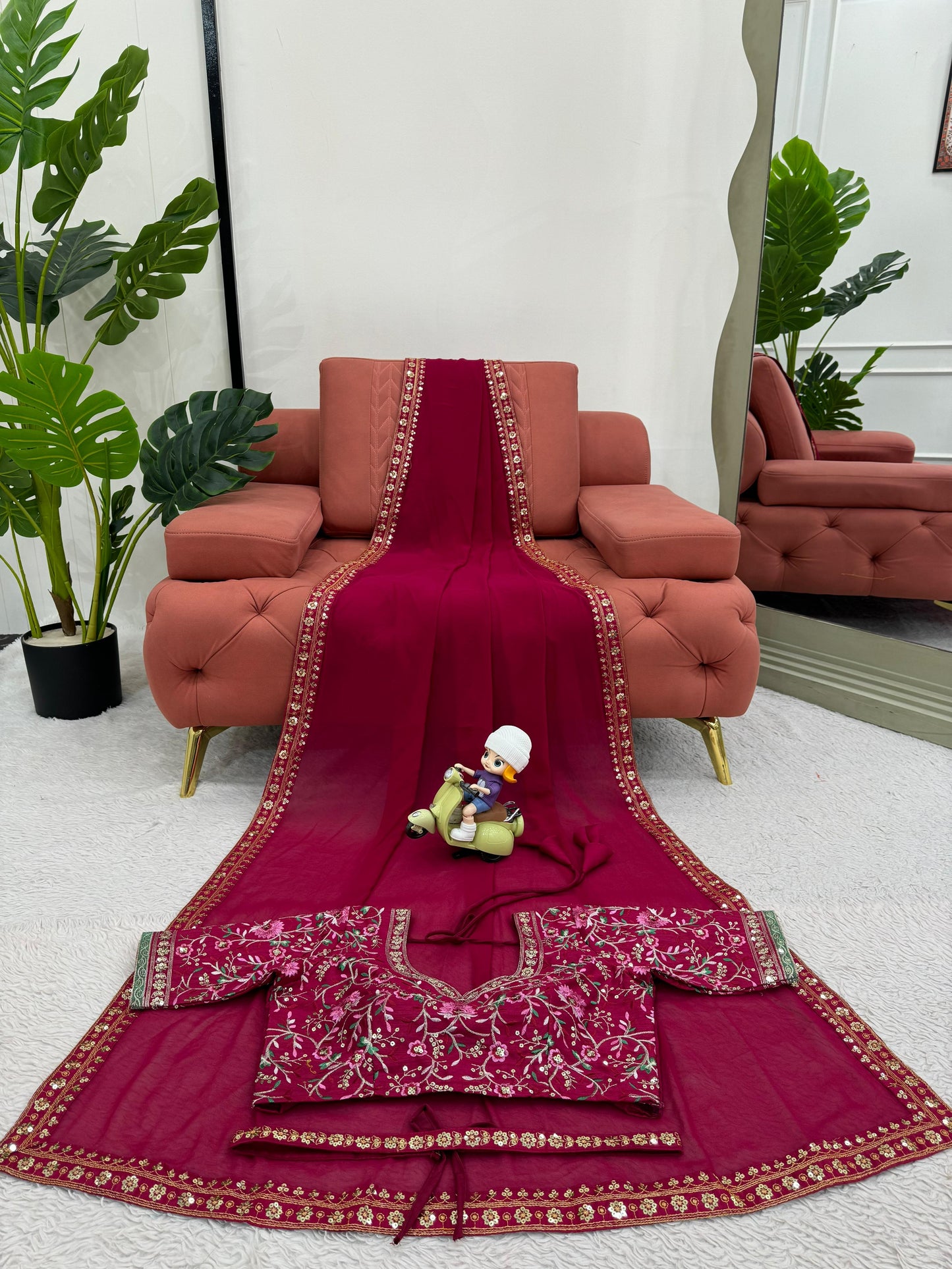 Maroon Faux Georgette Sequence Embroidery Work With Kamar Belt Saree