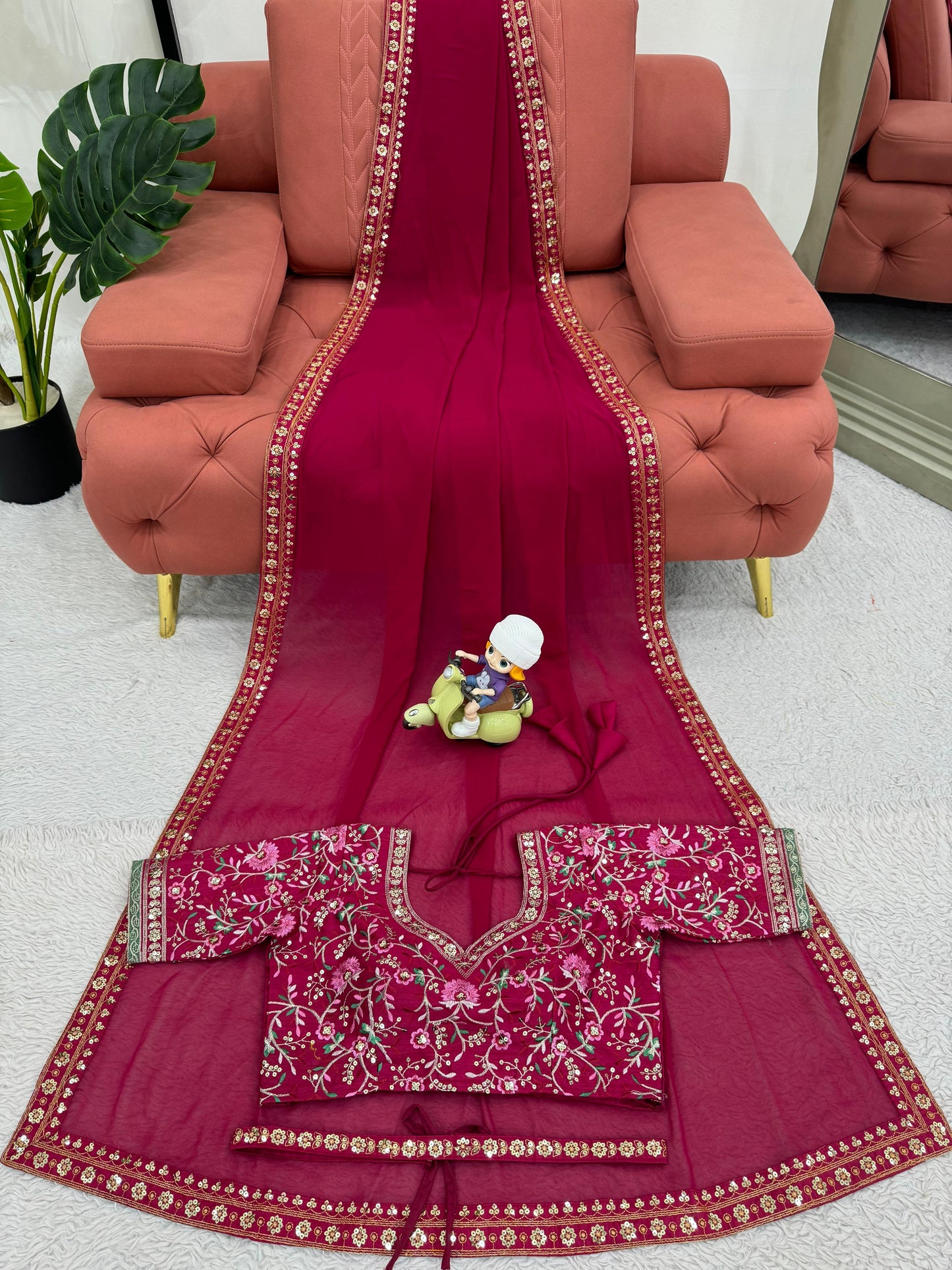 Maroon Faux Georgette Sequence Embroidery Work With Kamar Belt Saree