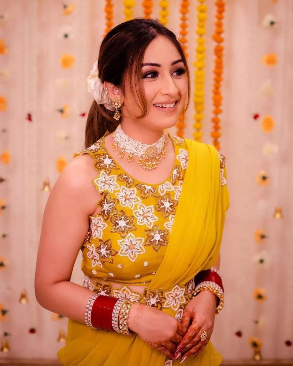 Yellow Georgette Ruffle Work  with Sequence Work Saree