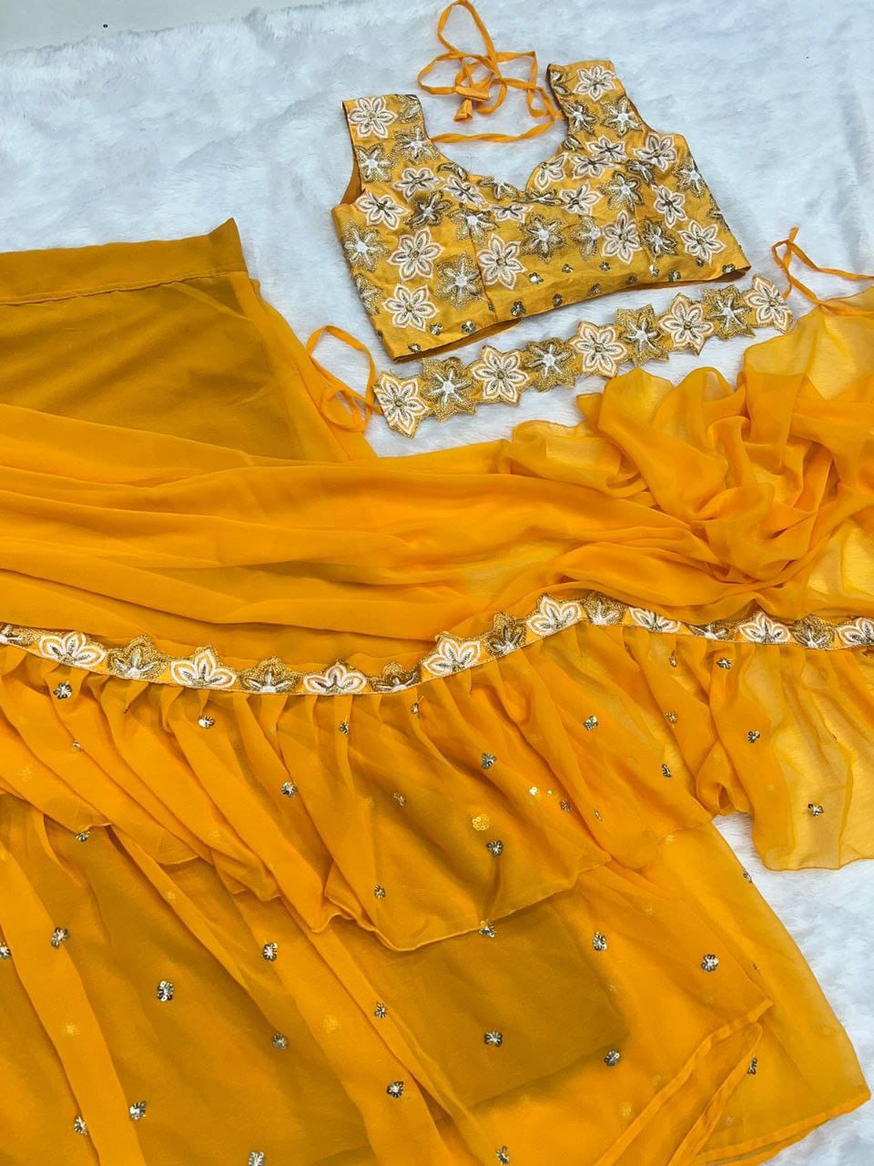 Yellow Georgette Ruffle Work  with Sequence Work Saree