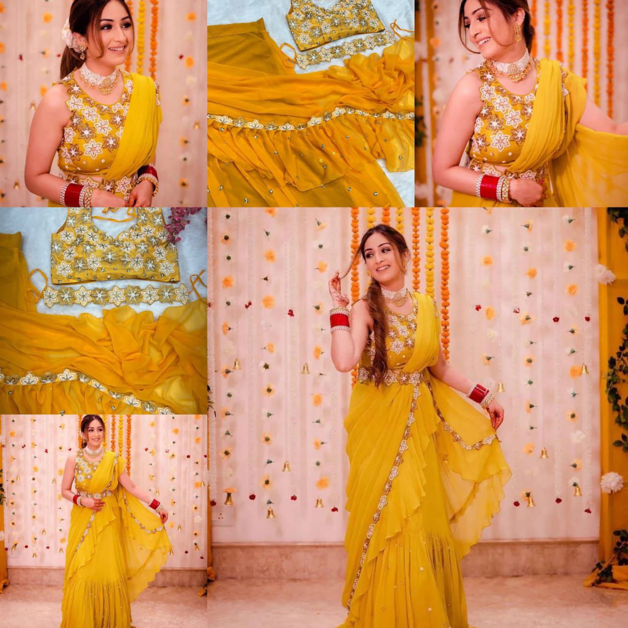 Yellow Georgette Ruffle Work  with Sequence Work Saree
