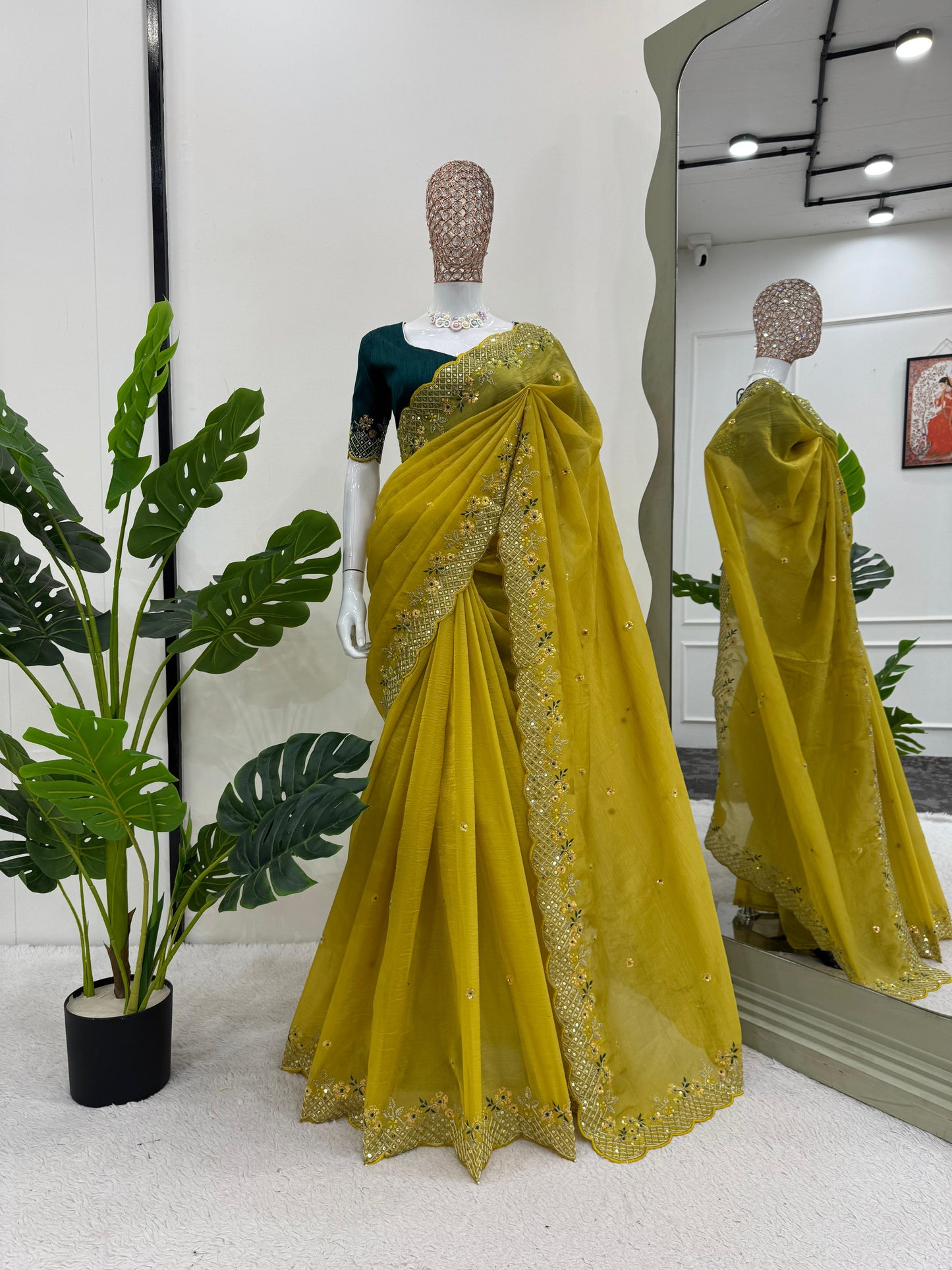 Parrot Green Crunchy Silk With Thread and Sequence Work Saree