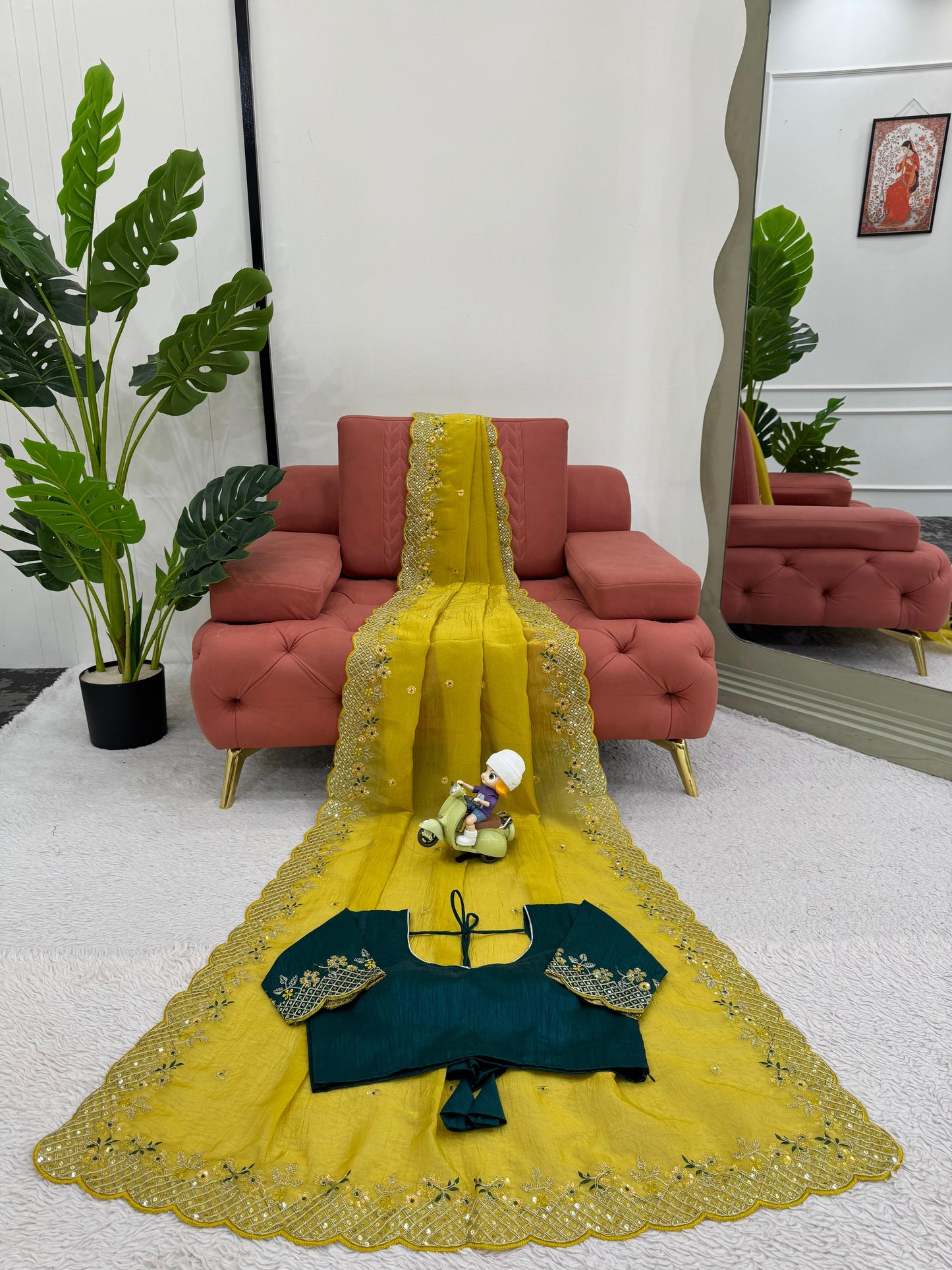 Parrot Green Crunchy Silk With Thread and Sequence Work Saree