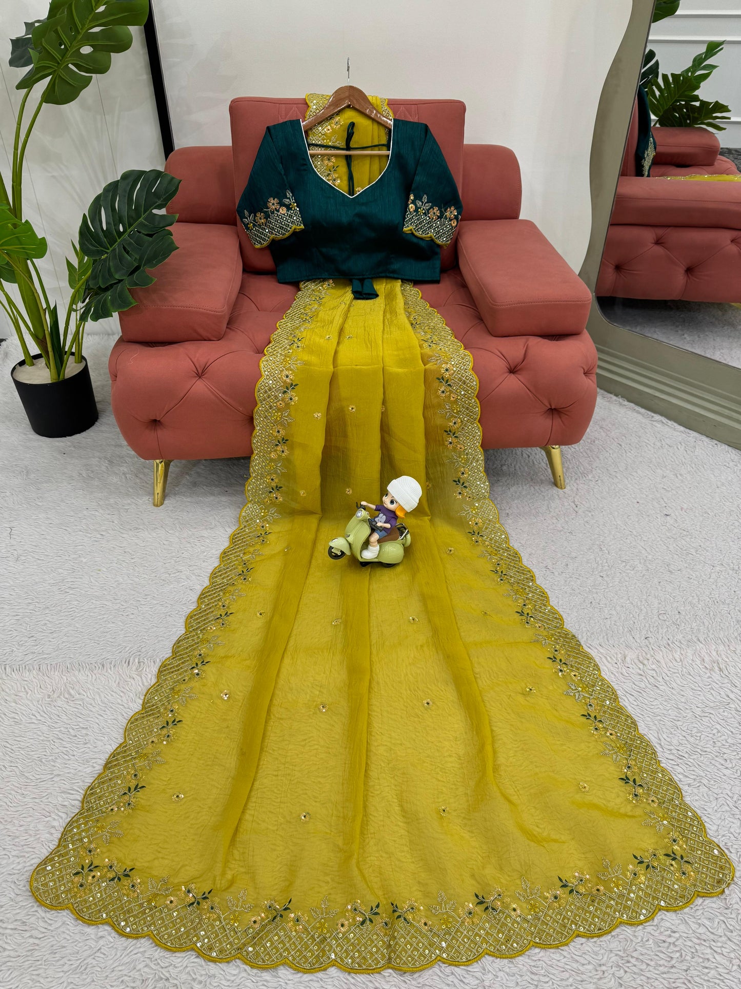 Parrot Green Crunchy Silk With Thread and Sequence Work Saree