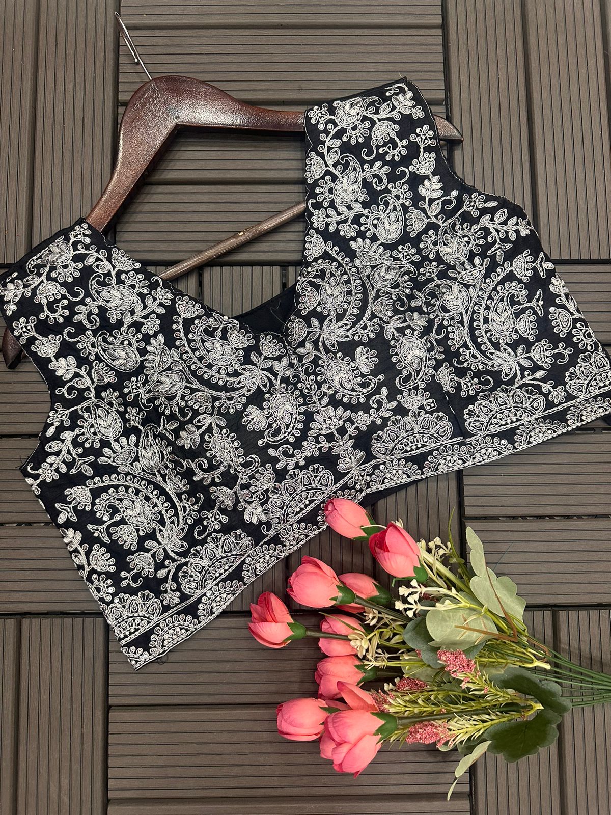 Black Georgette Cording Work With Digital Print Saree