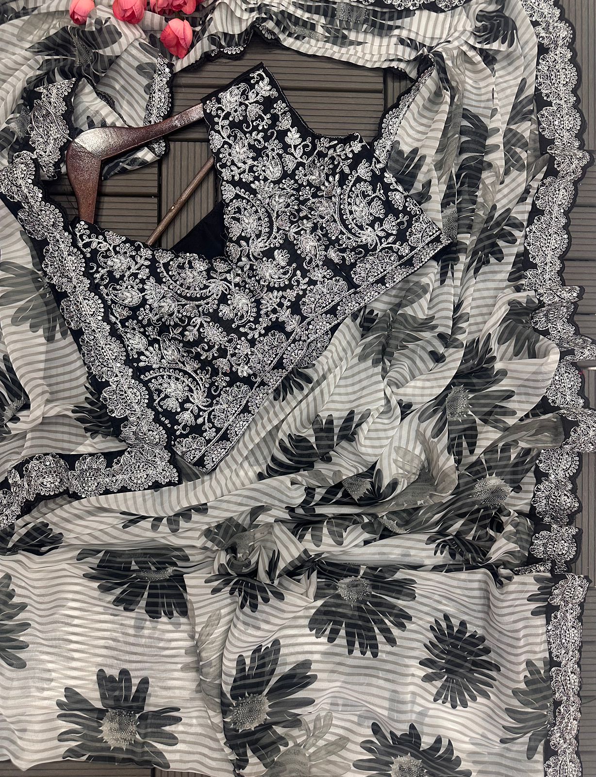 Black Georgette Cording Work With Digital Print Saree